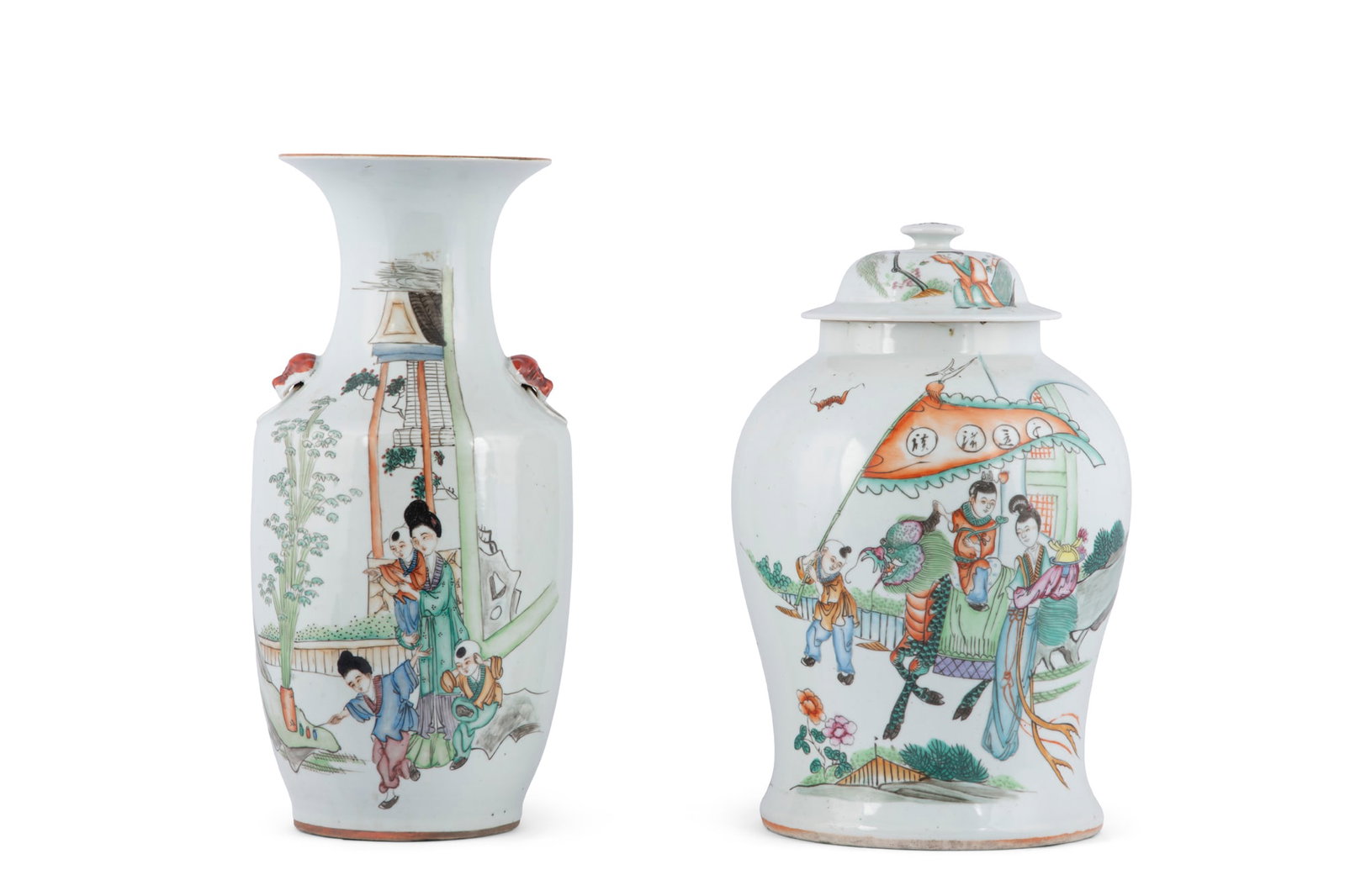TWO QIANJIANGCAI GLAZED 'MOTHER AND CHILDREN' VASE, JAR AND COVER China, early 20th century H.43, (1 of 4)