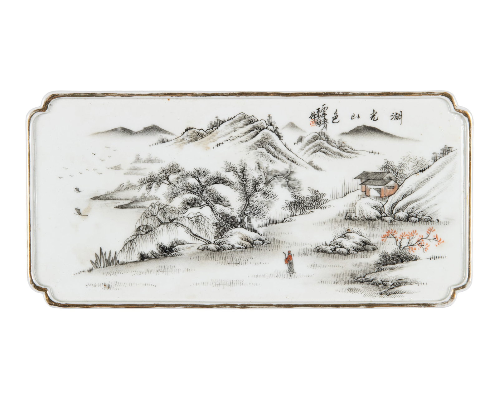 A RECTANGULAR INK ENAMEL 'SCHOLAR AND LANDSCAPE' TEA TRAY, SIGNED 'WANG SHAO WEI' 20世 (1 of 2)
