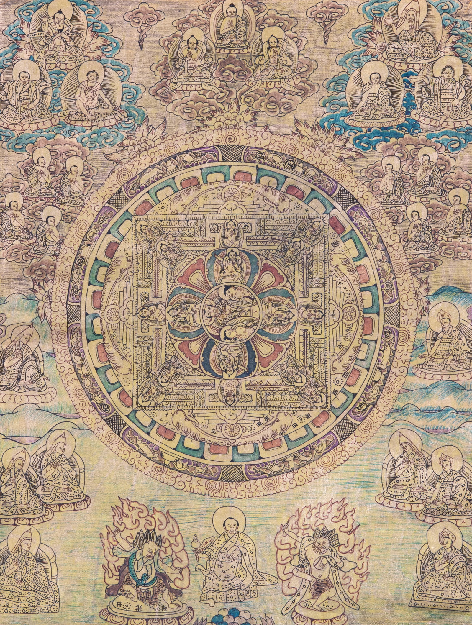 AN INK AND POLYCHROME THANGKA ON GILDED CLOTH DEPICTING THE MANDALA OF PADMASAMBHAVA. Nepal, late 2: AN INK AND POLYCHROME THANGKA ON GILDED CLOTH DEPICTING THE MANDALA OF PADMASAMBHAVA. Nepal, late 20th Century With a purple silk brocade framing Size. 40 x 32 cm Provenance: from the collection of a 
