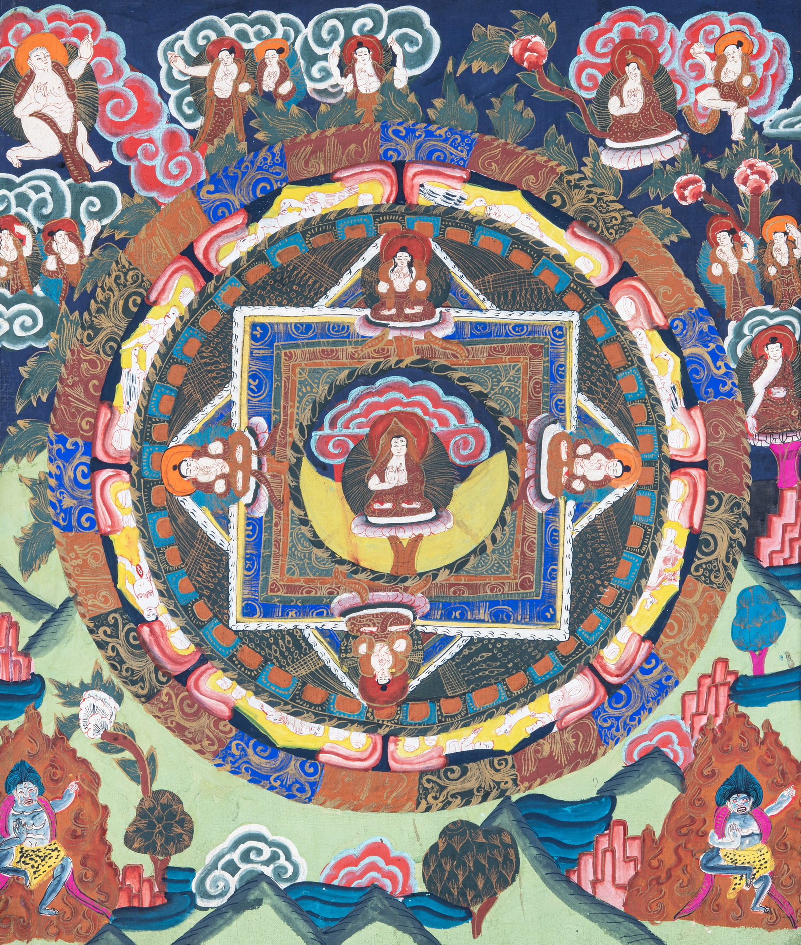 A PAIR OF POLYCHROME THANGKAS ON CLOTH DEPICTING THE MANDALA OF TSONGKHAPA, Nepal, late 20th: A PAIR OF POLYCHROME THANGKAS ON CLOTH DEPICTING THE MANDALA OF TSONGKHAPA, Nepal, late 20th Century. Dim. 45.5 x 37.5 cm Provenance: from the collection of a prominent former European diplomat