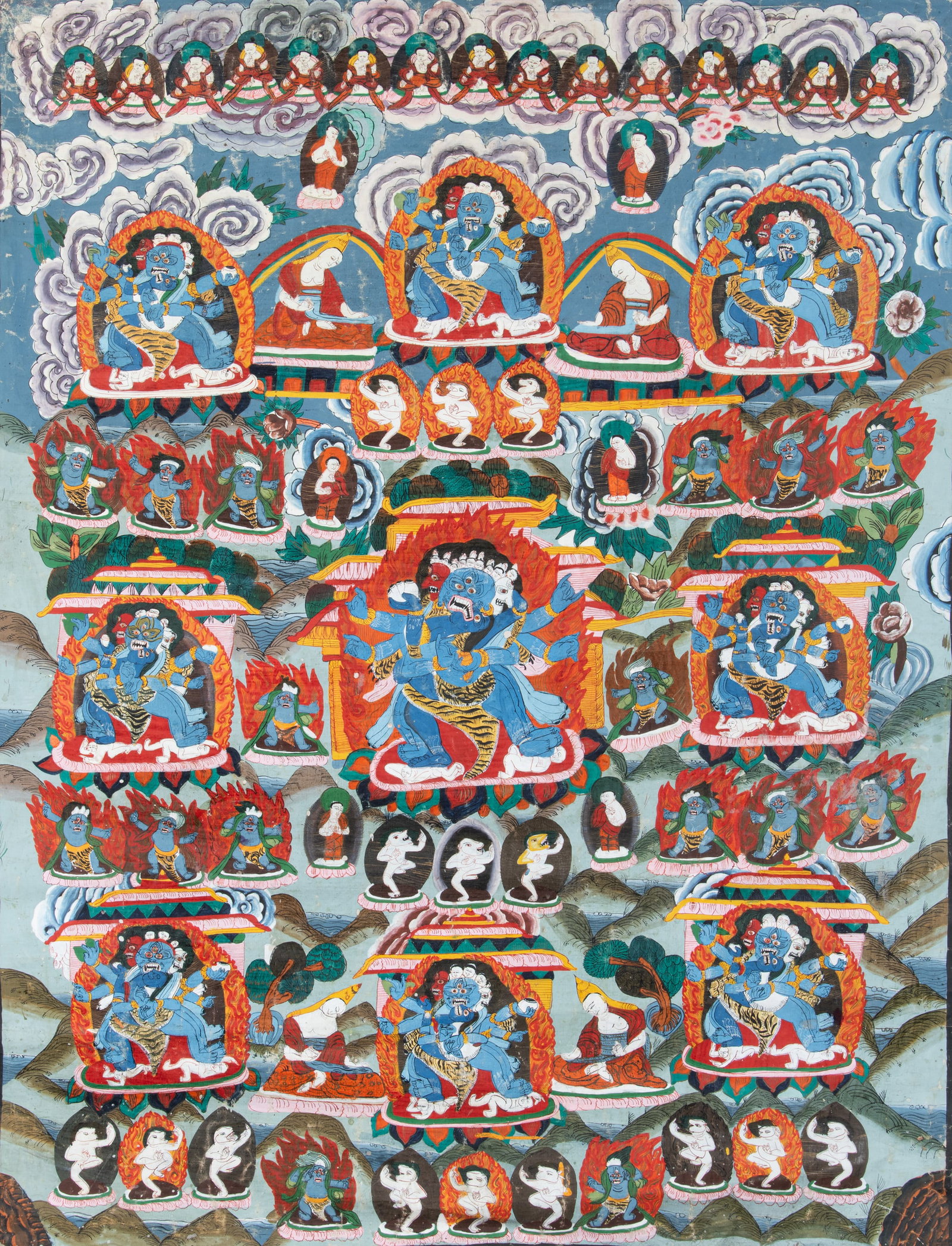 A POLYCHROME THANGKA ON CLOTH DEPICTING VAJRAKILAYA IN YAB-YUM WITH SHAKTI, SURROUNDED BY MANY (1 of 2)