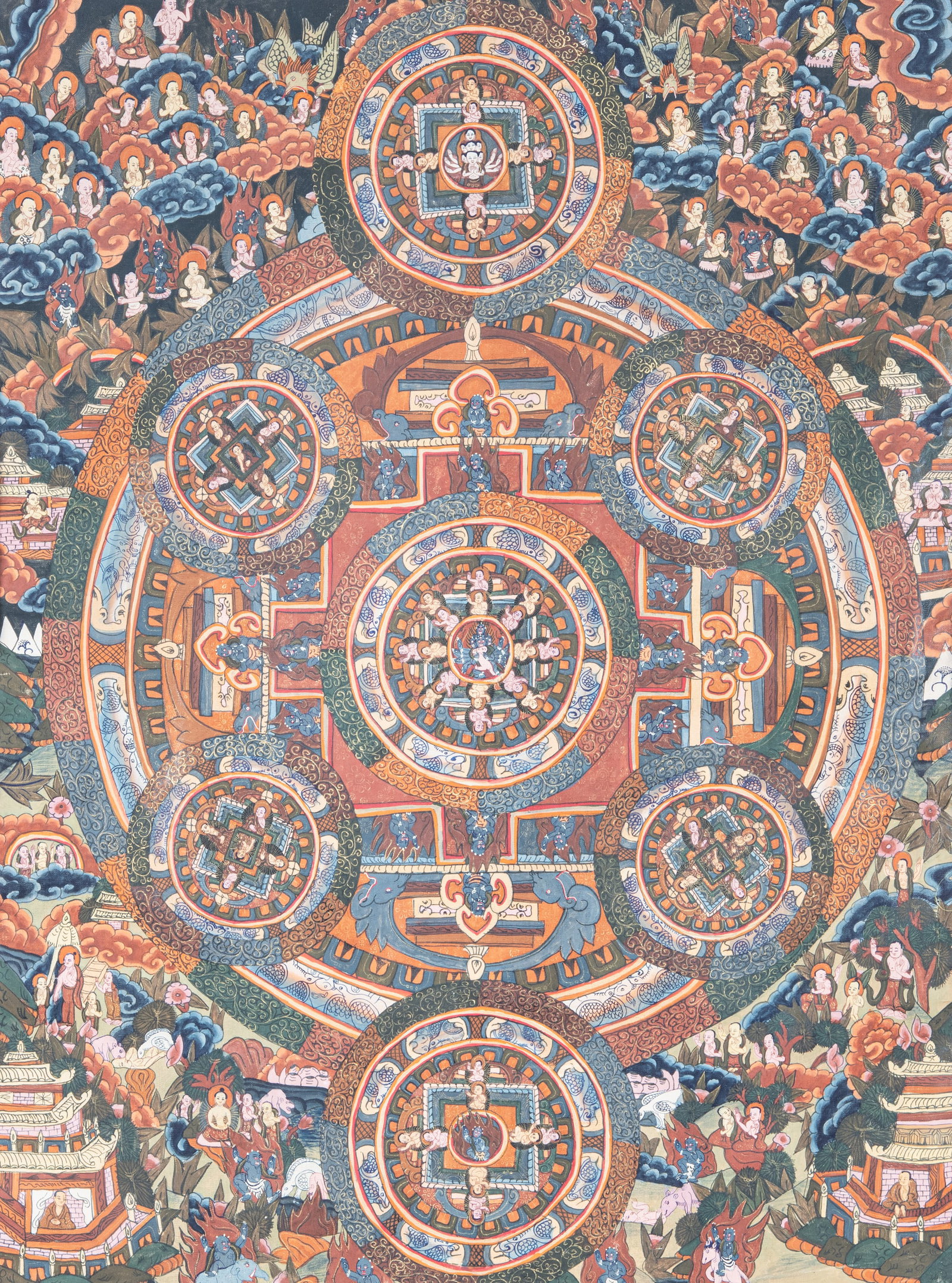 A POLYCHROME THANGKA ON CLOTH DEPICTING THE MANDALA OF ÇAKRASAMVARA WITH SHAKTI Nepal, 20th (1 of 1)