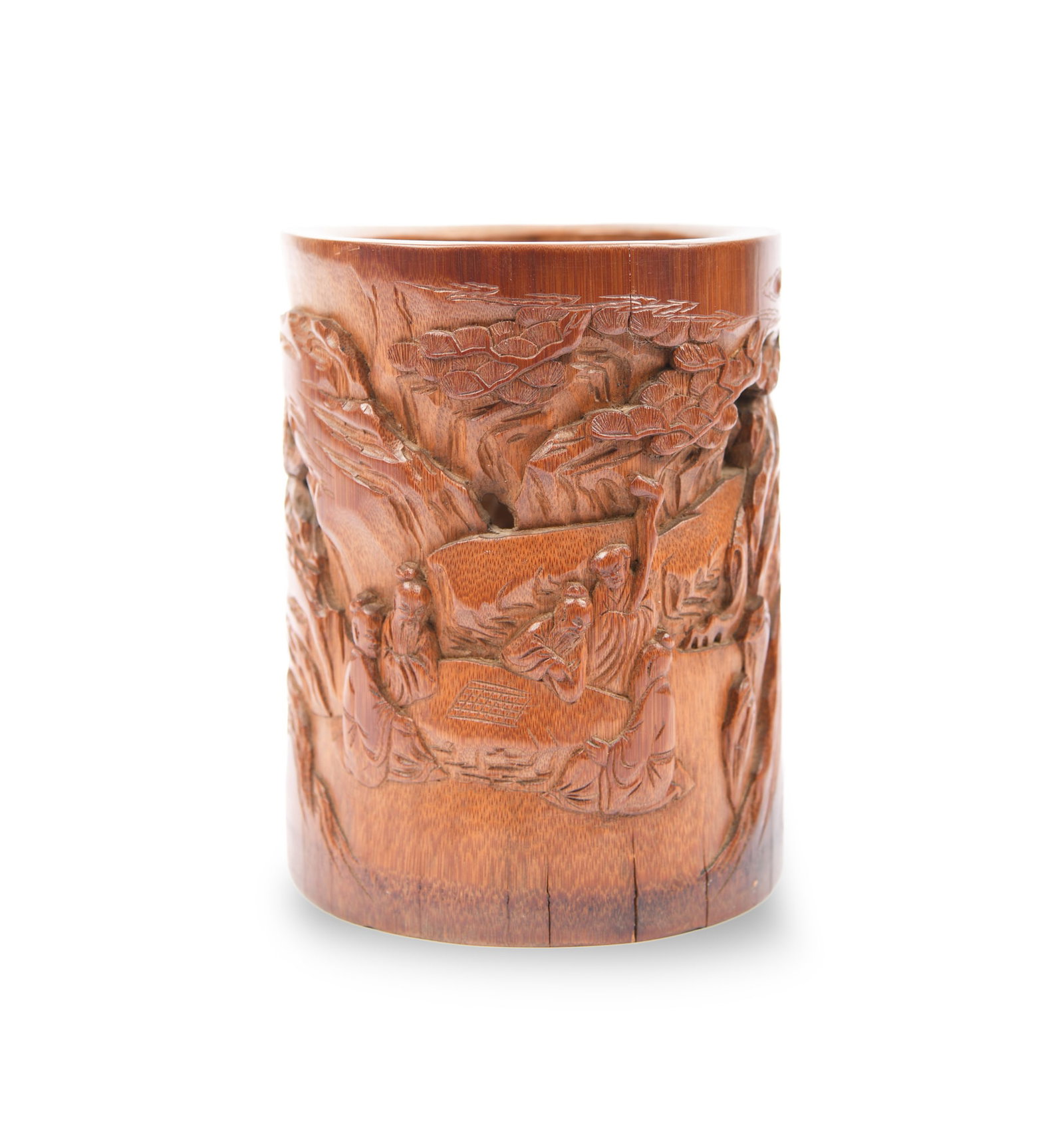 A RETICULATED BAMBOO BITONG BRUSH POT China, early 20th century Carved in relief with Confucian (1 of 1)