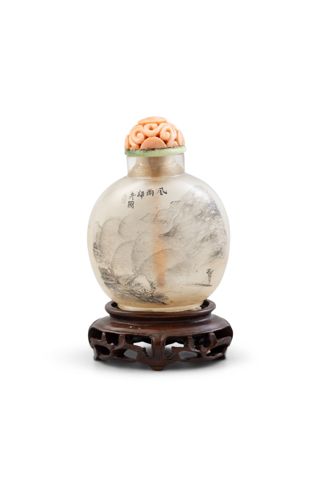 *An inner painted landscape snuff bottle, signed Zhou LeYuan, with coral lid and wood stand (1 of 2)