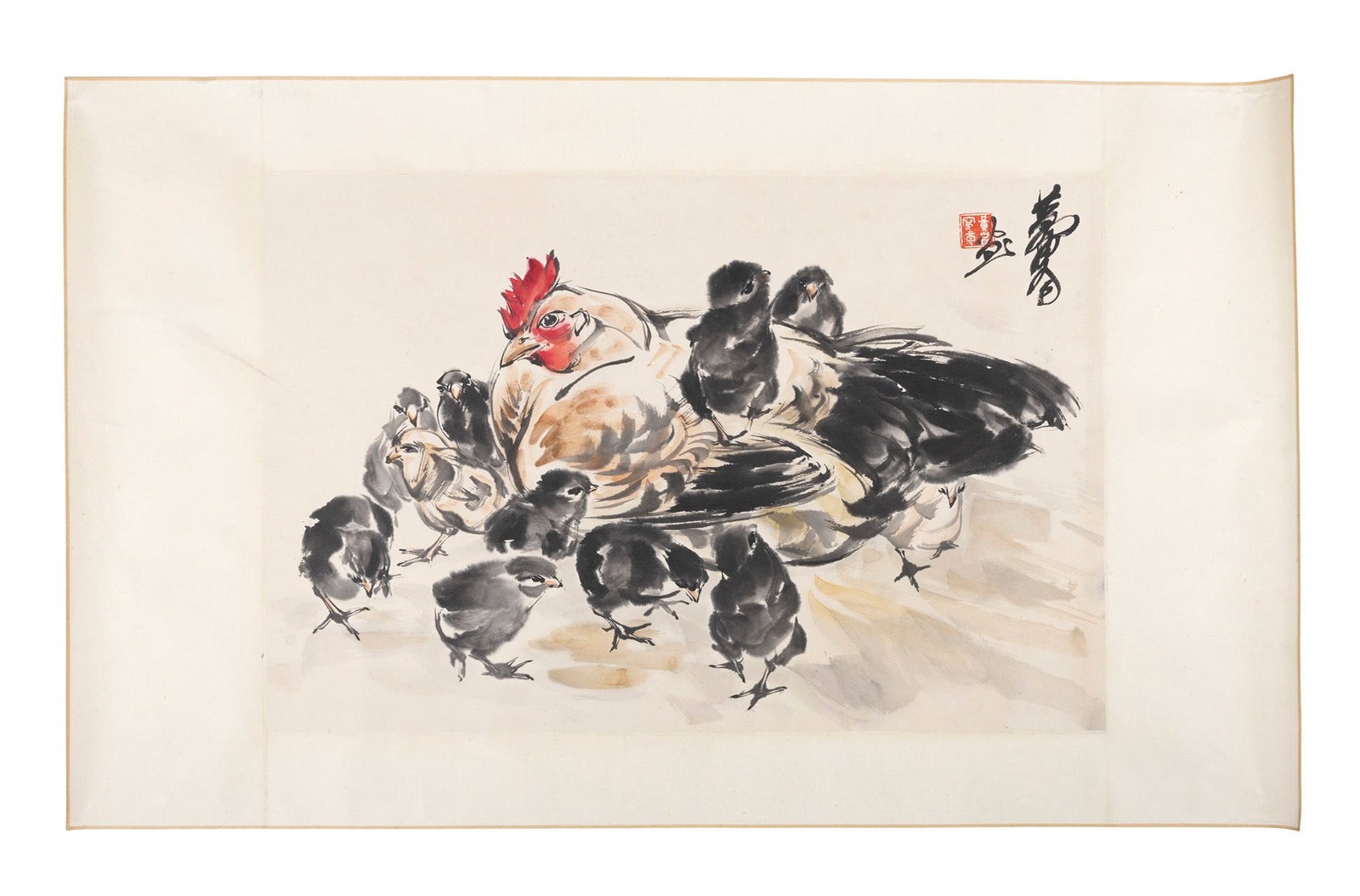 AFTER HUANG ZHOU(1925-1997) 黄胄款 Ink and coloured painting on paper Hen: AFTER HUANG ZHOU(1925-1997) 黄胄款 Ink and coloured painting on paper Hen and Chicks, signed Huang zhou Size.45.3x68cm