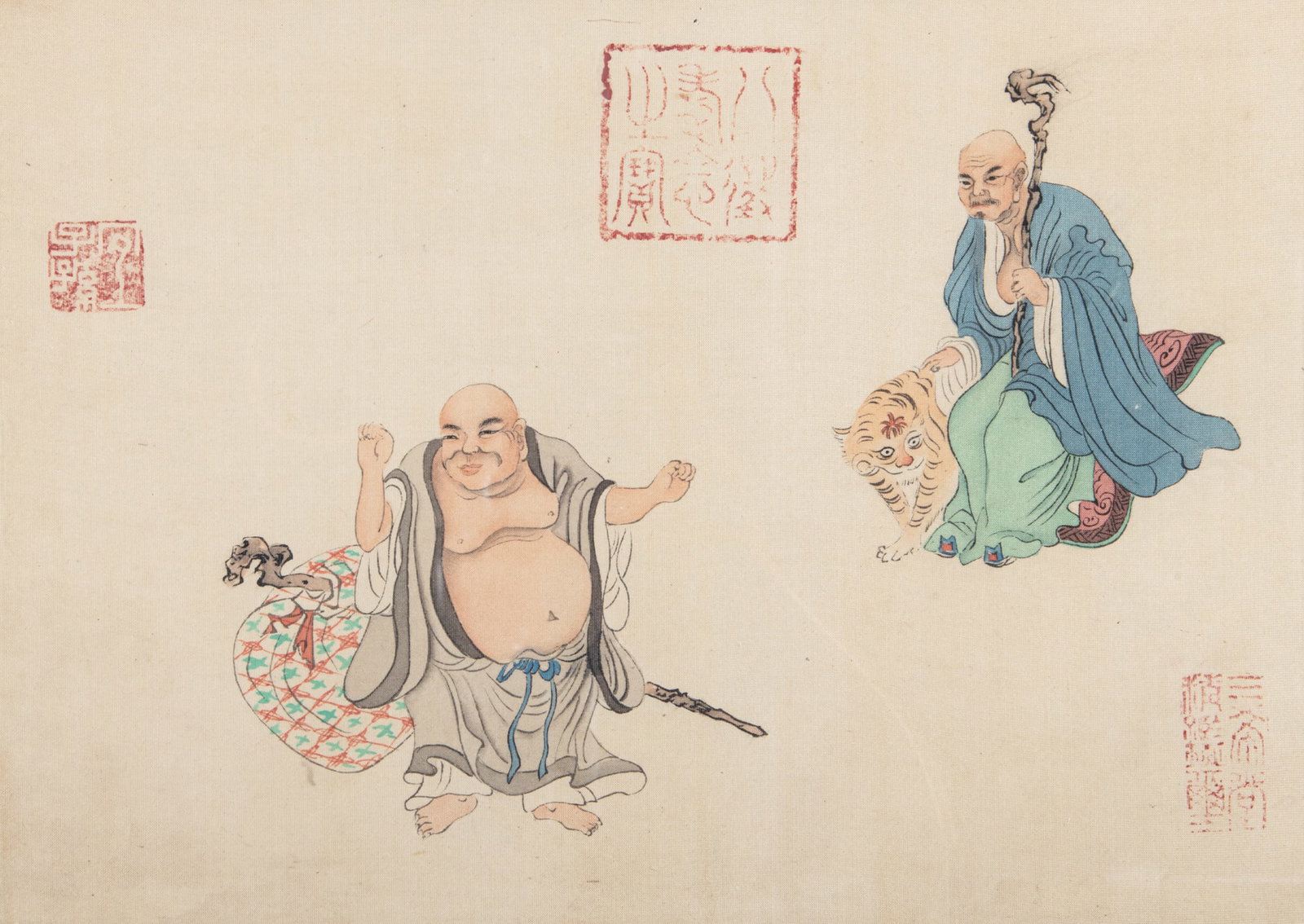 A SET OF FOUR FRAMED INK AND COLOURED SILK PAINTINGS OF LUOHANS 晚清-民国 (1 of 4)