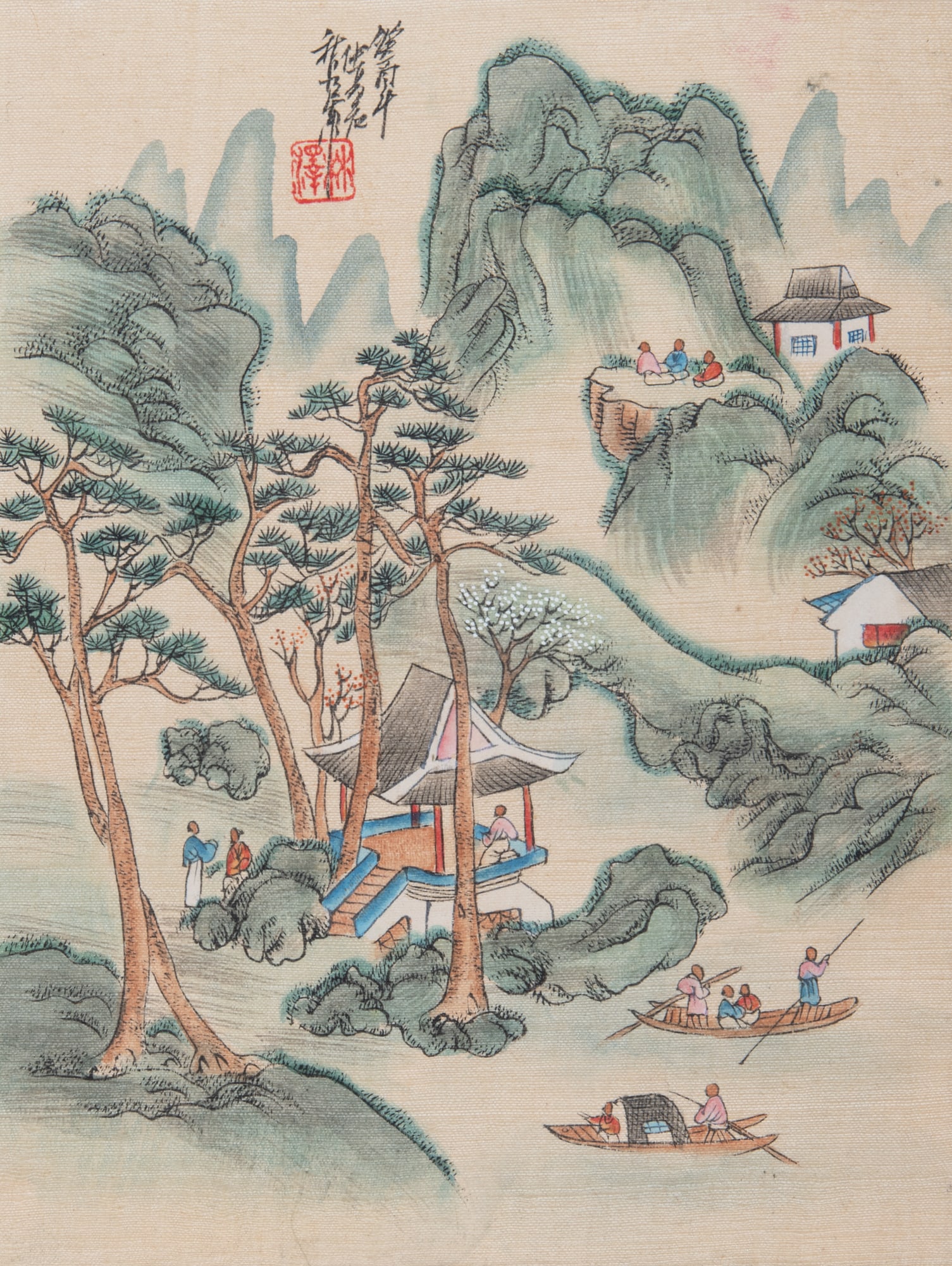 A COLLECTION OF TWELVE FRAMED INK AND COLOURED LANDSCAPE PAINTINGS 民国 绢本 (1 of 11)