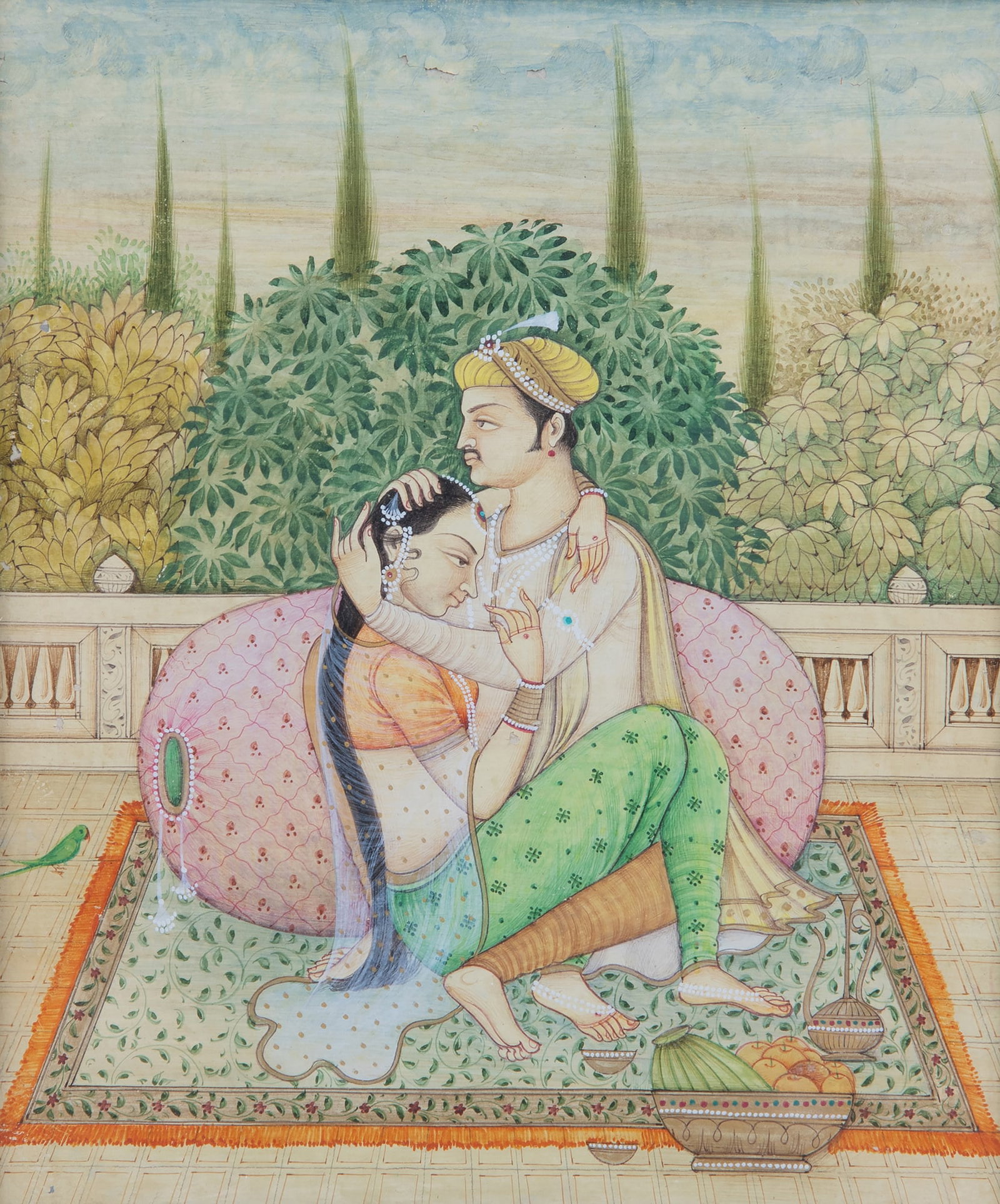 A FINE MUGHAL MINIATURE PAINTING OF A ROYAL COUPLE EMBRACING India, 19th century Gouache and gilt (1 of 1)