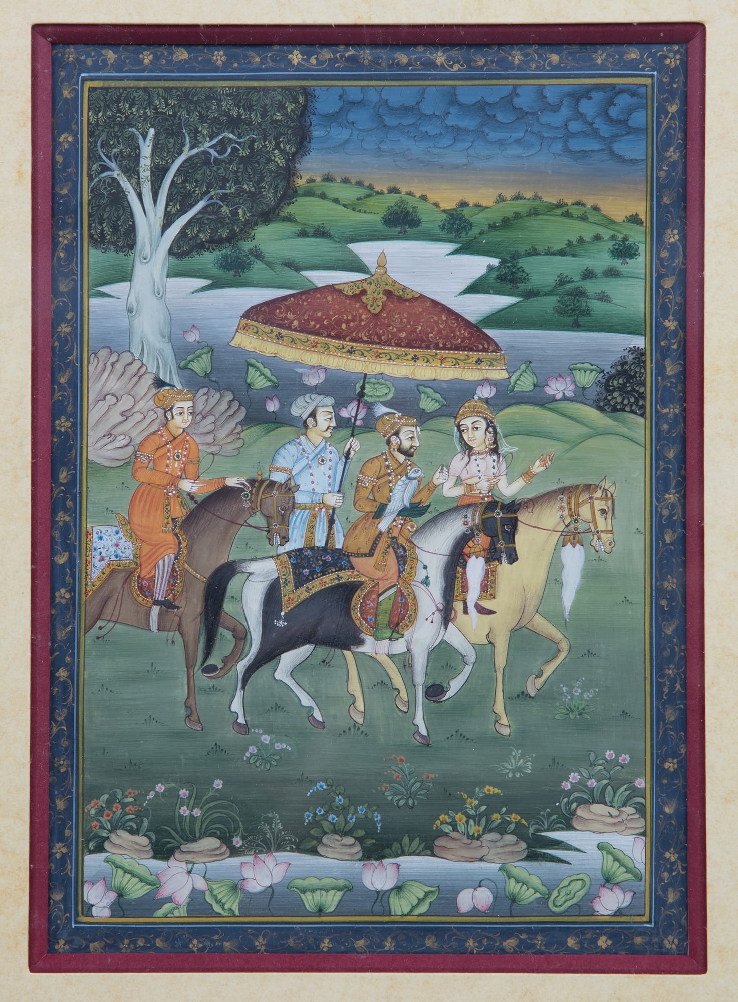 ROYAL FALCONERS ON PROCESSION IN A MUGHAL GARDEN India, 19th century Gouache and gold on paper, (1 of 1)