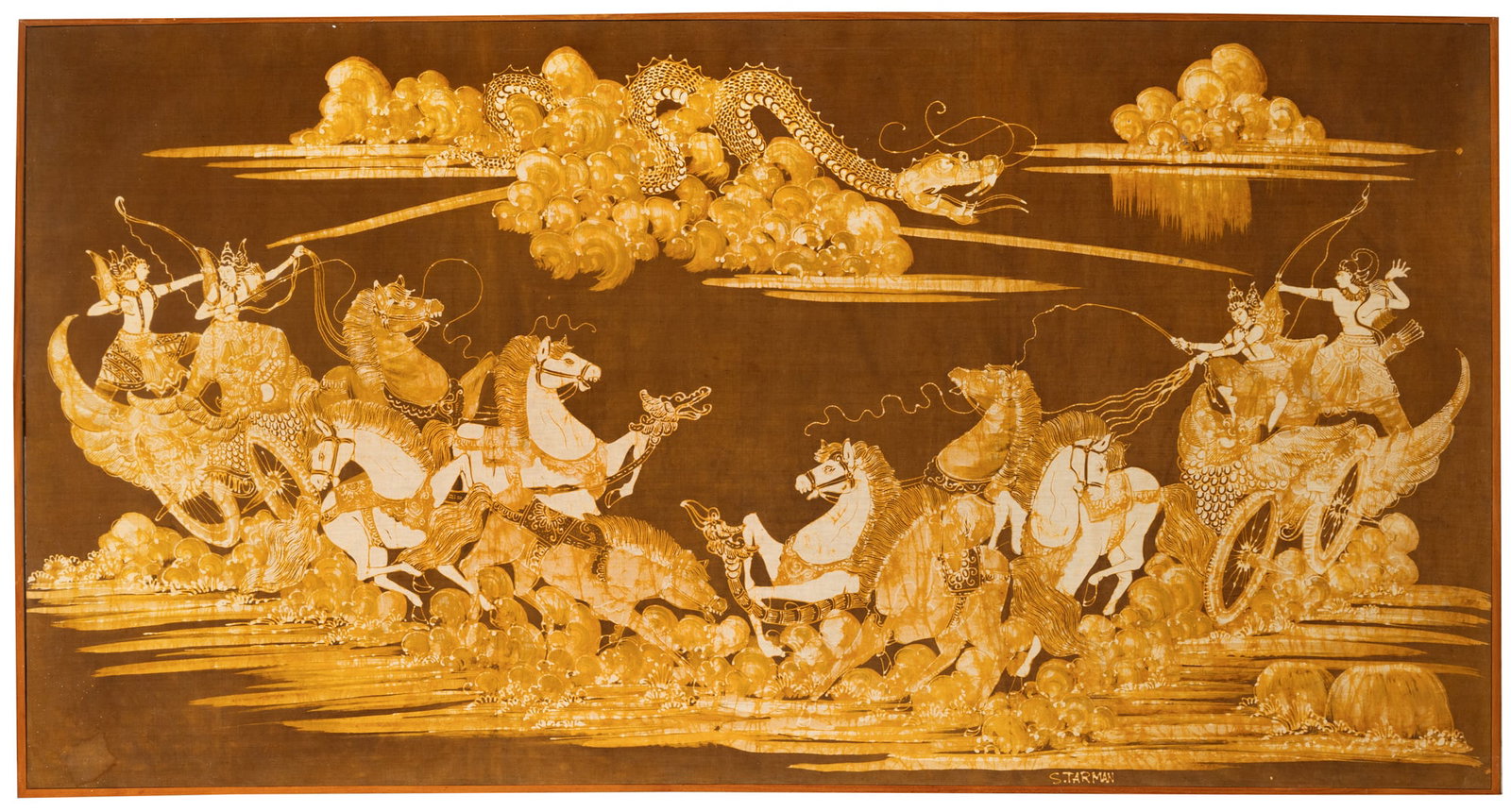 S.TARMAN Heavenly Chariots in Battle Indonesia, 20th century Fabric Cloth Panel, framed (1 of 1)