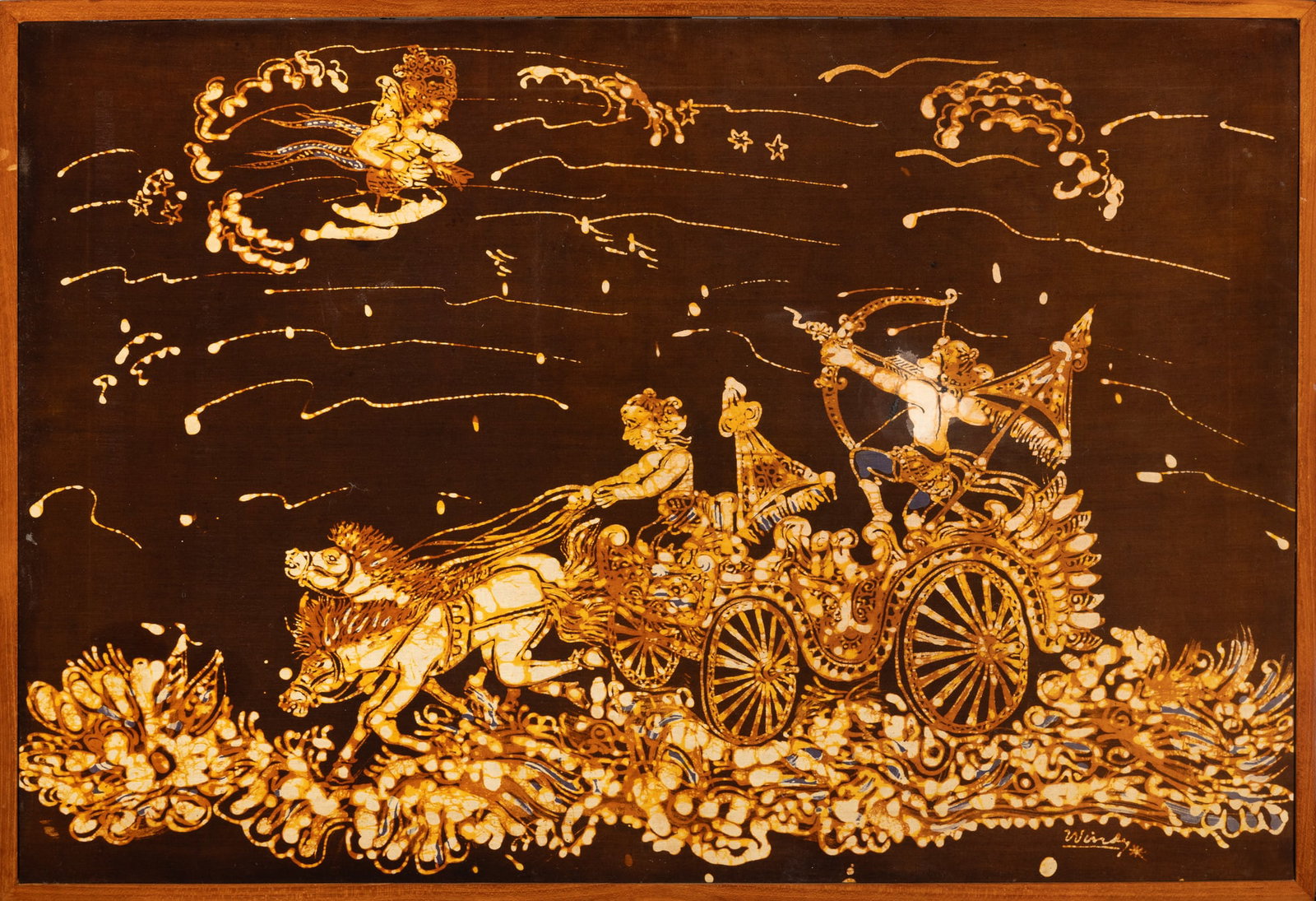 WINDY Sea Battle Indonesia, 20th century Fabric Cloth Panel, framed Size.43x63.5cm (1 of 3)