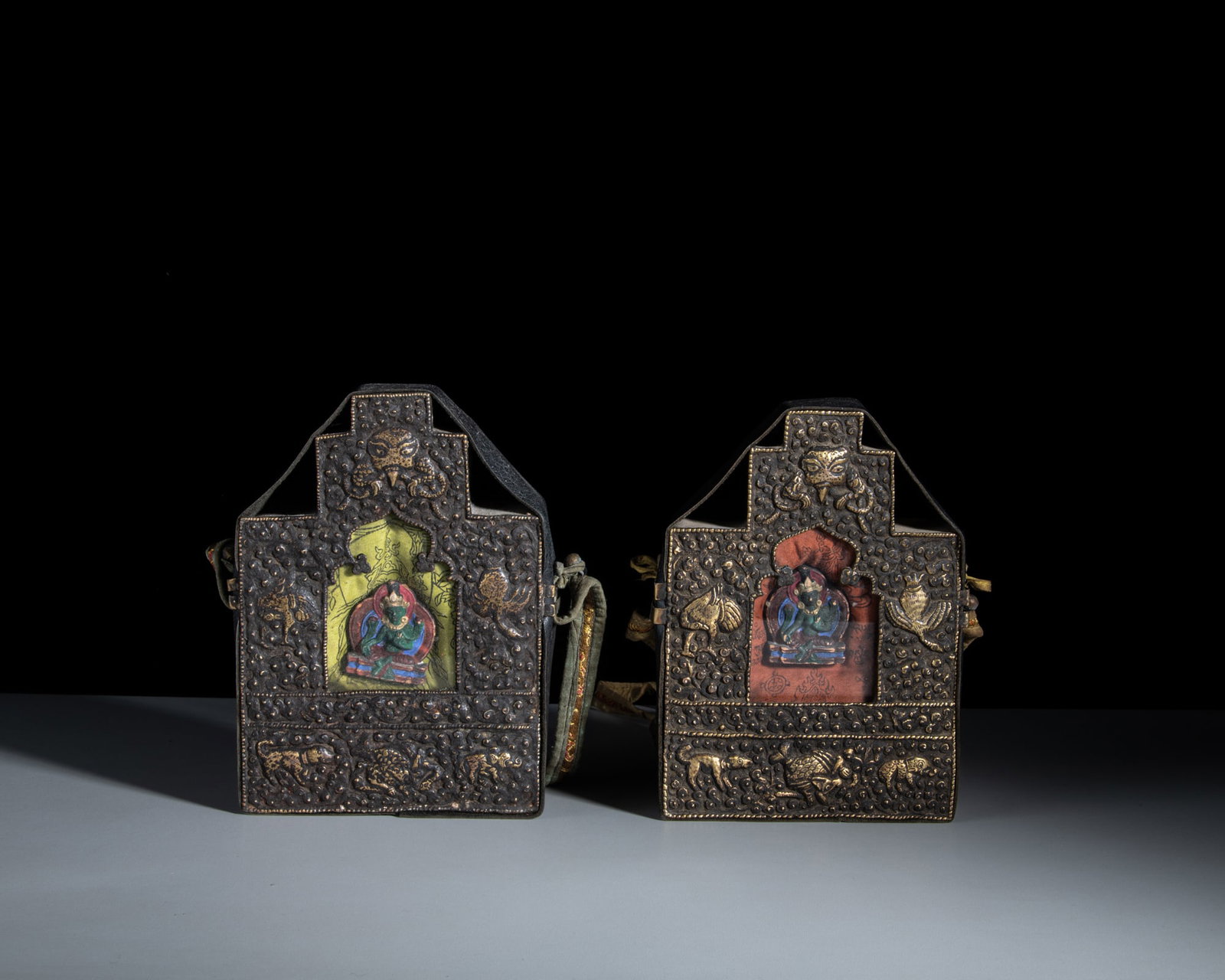 TWO RARE MIXED-METAL STUPA-SHAPED PORTABLE SHRINE (GAU) WITH CONTENTS AND CLOTH COVER Tibet or (1 of 2)
