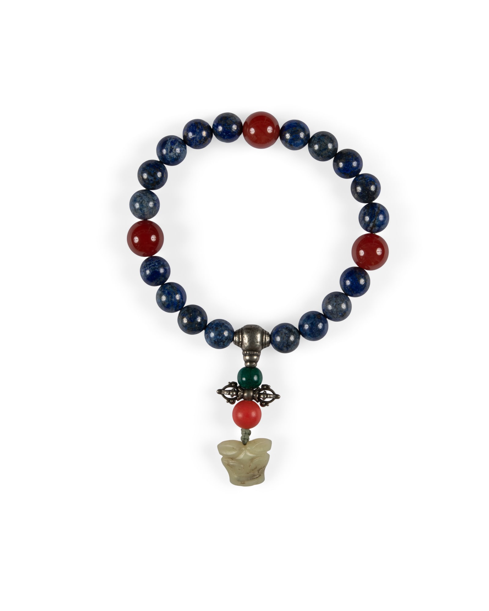 A STRING OF LAPIZ LAZULI,CORNALINA, JADE, GLASS AND METAL BEADS AND A SILVERED COPPER FOUR-PRONGED (1 of 1)