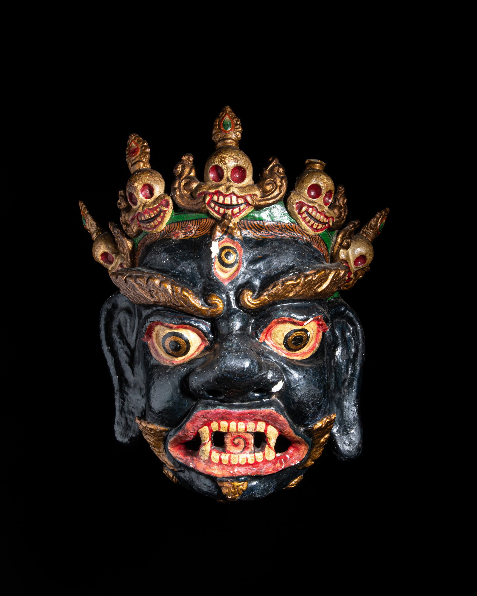 A PAPIER-MACHÉ CHAM RITUAL MASK OF A BLACK MAHAKALA WITH CITIPATTI CROWN With polychrome (1 of 1)