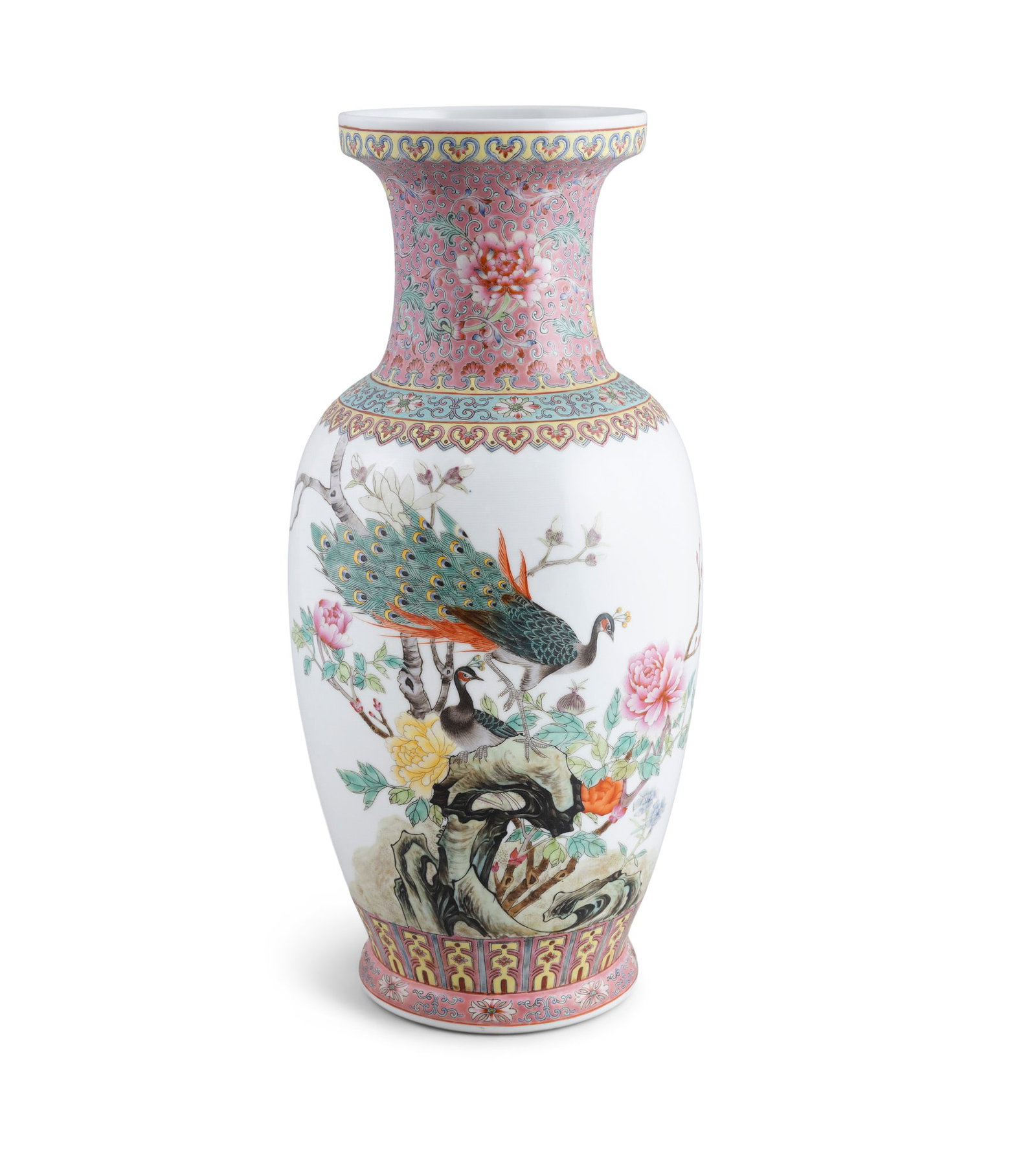 A LARGE CHINESE FAMILLE ROSE 'PEACOCK' PORCELAIN VASE 20世纪 粉彩孔 (1 of 5)
