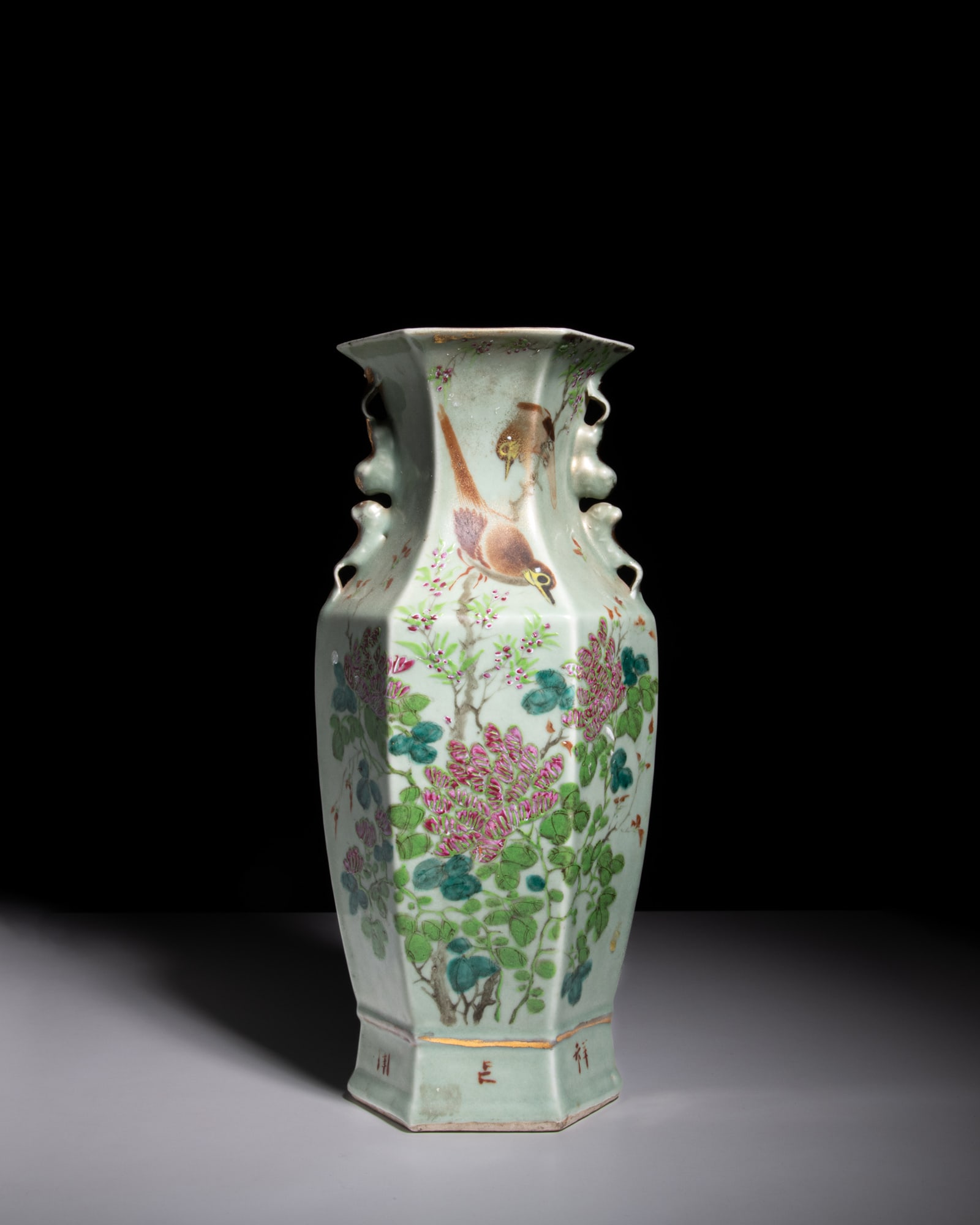 A CELADON GROUND HEXAGONAL QIANJIANGCAI 'BIRDS AND FLOWERS' VASE 民国 浅降: A CELADON GROUND HEXAGONAL QIANJIANGCAI 'BIRDS AND FLOWERS' VASE 民国 浅降彩六边花鸟诗文瓶 China, Republic period H.40.4cm