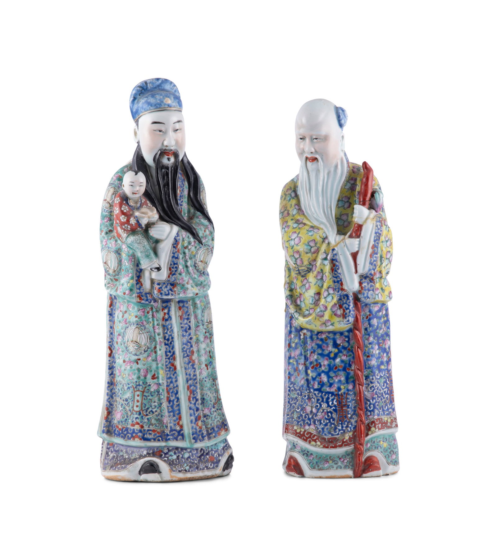TWO FAMILLE ROSE PORCELAIN SCULPTURES OF FUXING AND SHOUXING 民國 “福: TWO FAMILLE ROSE PORCELAIN SCULPTURES OF FUXING AND SHOUXING 民國 “福建會館 徐德全”款 粉彩 壽星、&