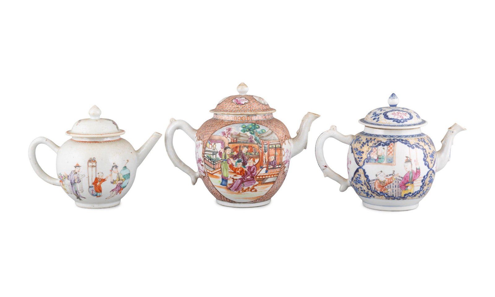 A GROUP OF THREE FAMILLE ROSE PORCELAIN TEAPOTS China, 18th century H. 18cm; 16.5cm; 13cm high (1 of 3)
