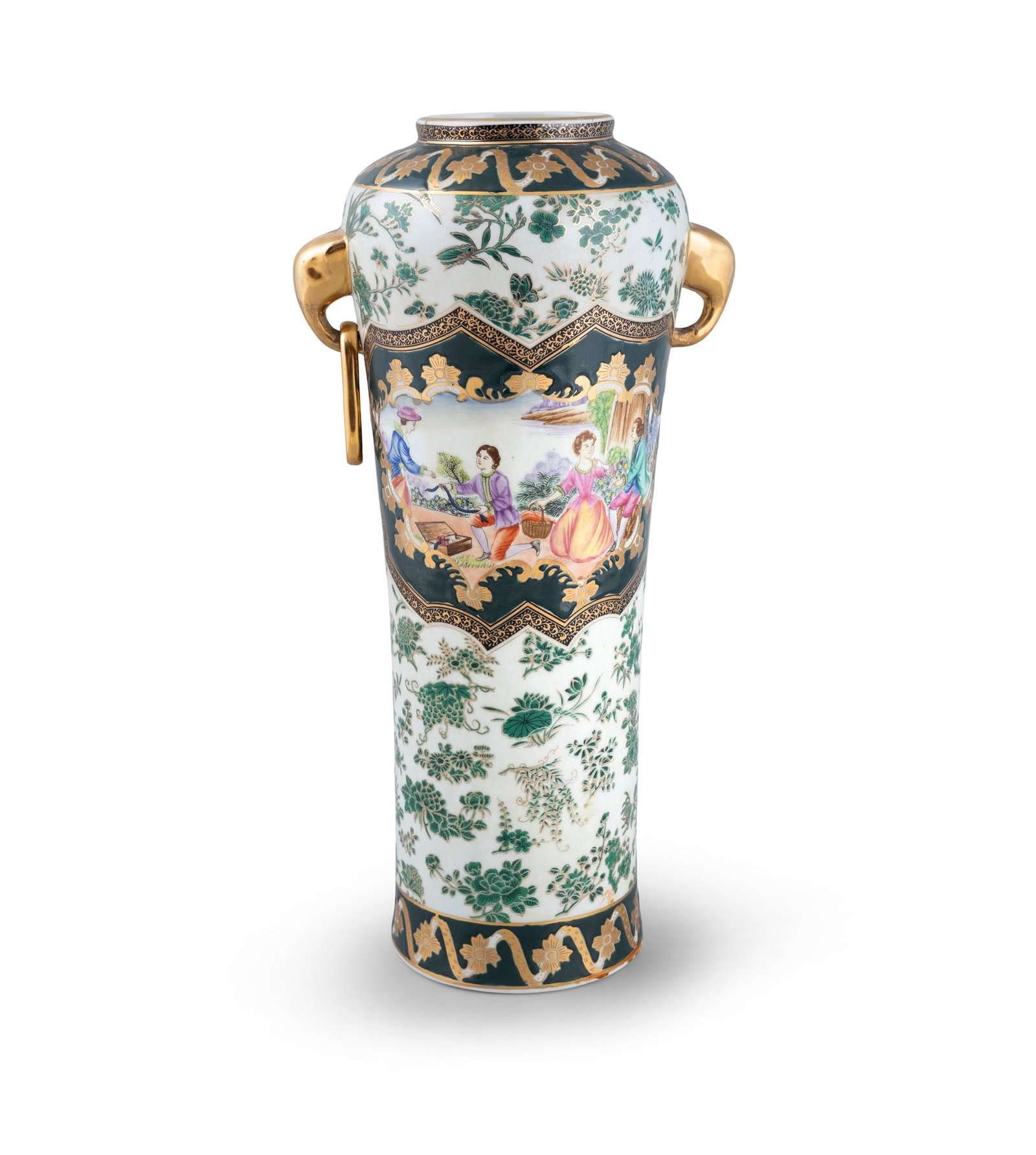 A FAMILLE ROSE STYLE GREEN GLAZED HANDLE VASE, WITH EUROPEANS AS DECORATION China, second half of: A FAMILLE ROSE STYLE GREEN GLAZED HANDLE VASE, WITH EUROPEANS AS DECORATION China, second half of 20th century H.42.2cm