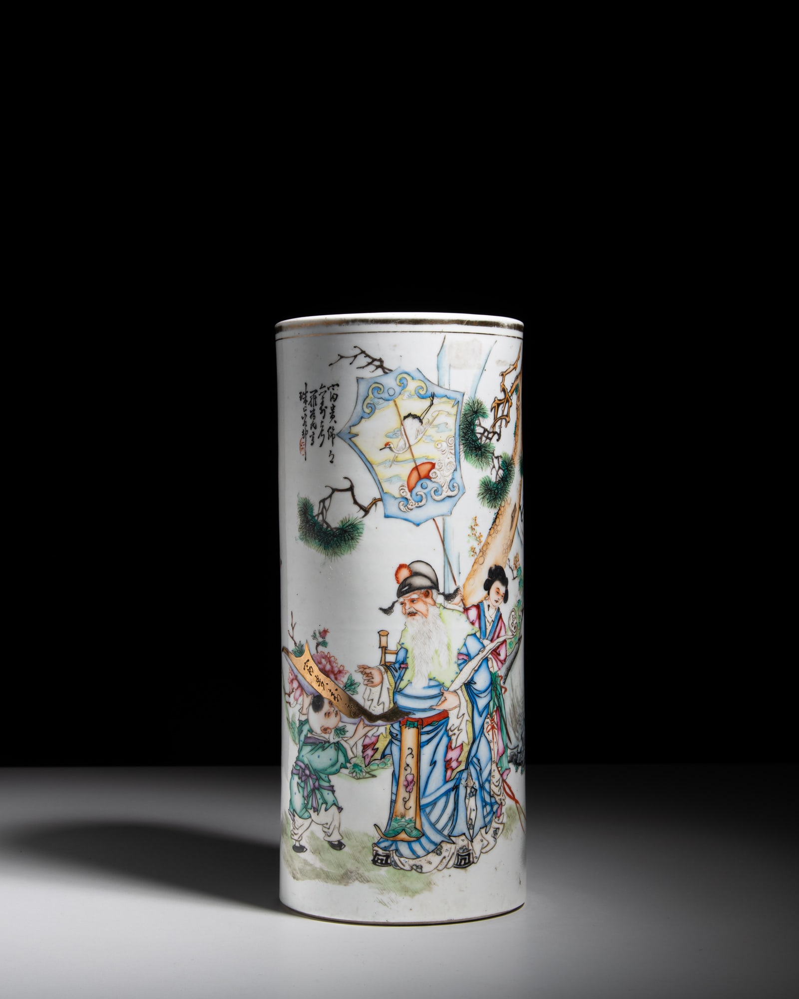 A FAMILLE ROSE FORTUNE GOD CYLINDRICAL VASE, SIGNED LUO YU KANG 民国 罗钰 (1 of 3)