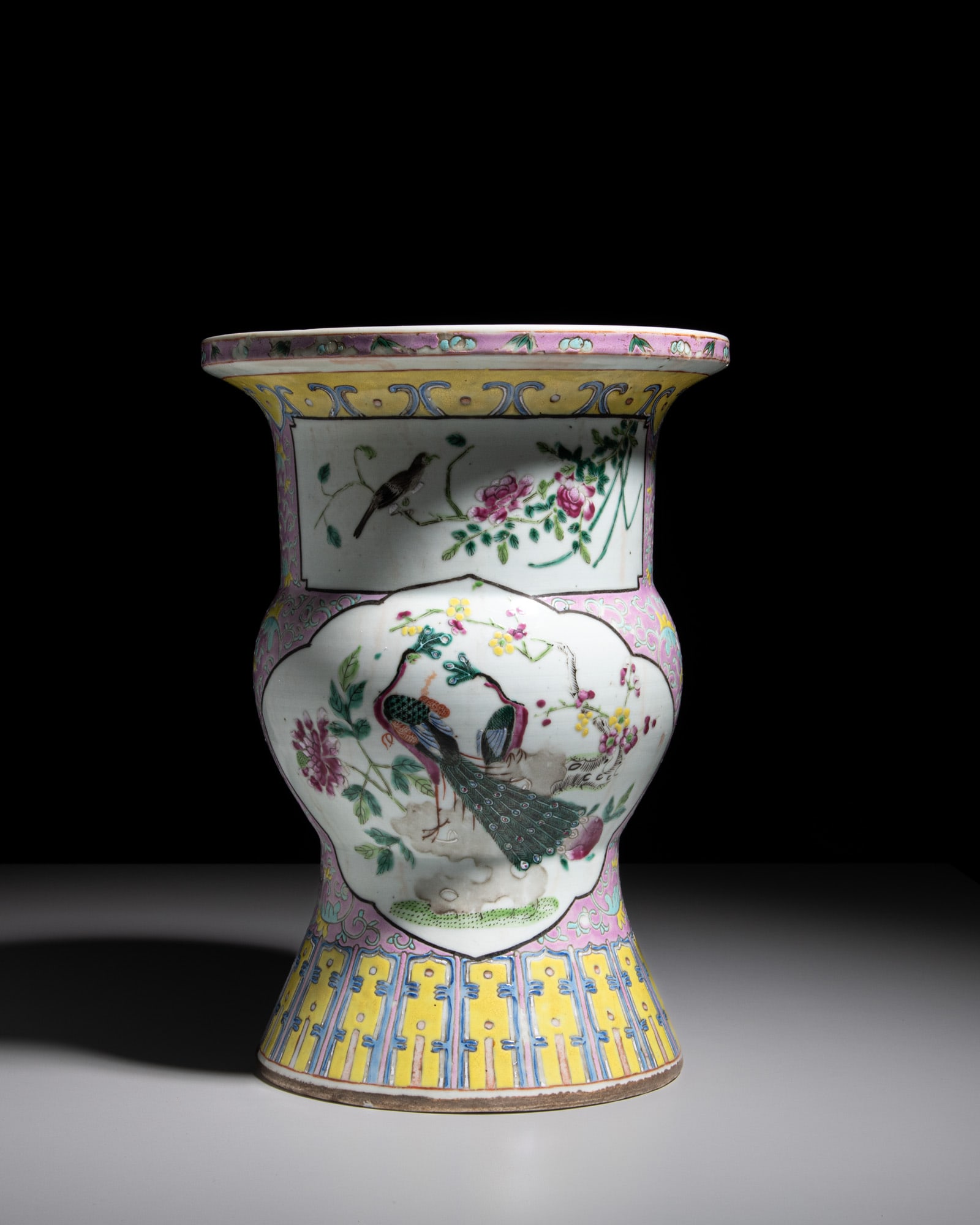 A FAMILLE ROSE 'PEACOCKS AND FLOWERS' GU VASE China, early 20th century H.31.2cm ***PLEASE (1 of 2)