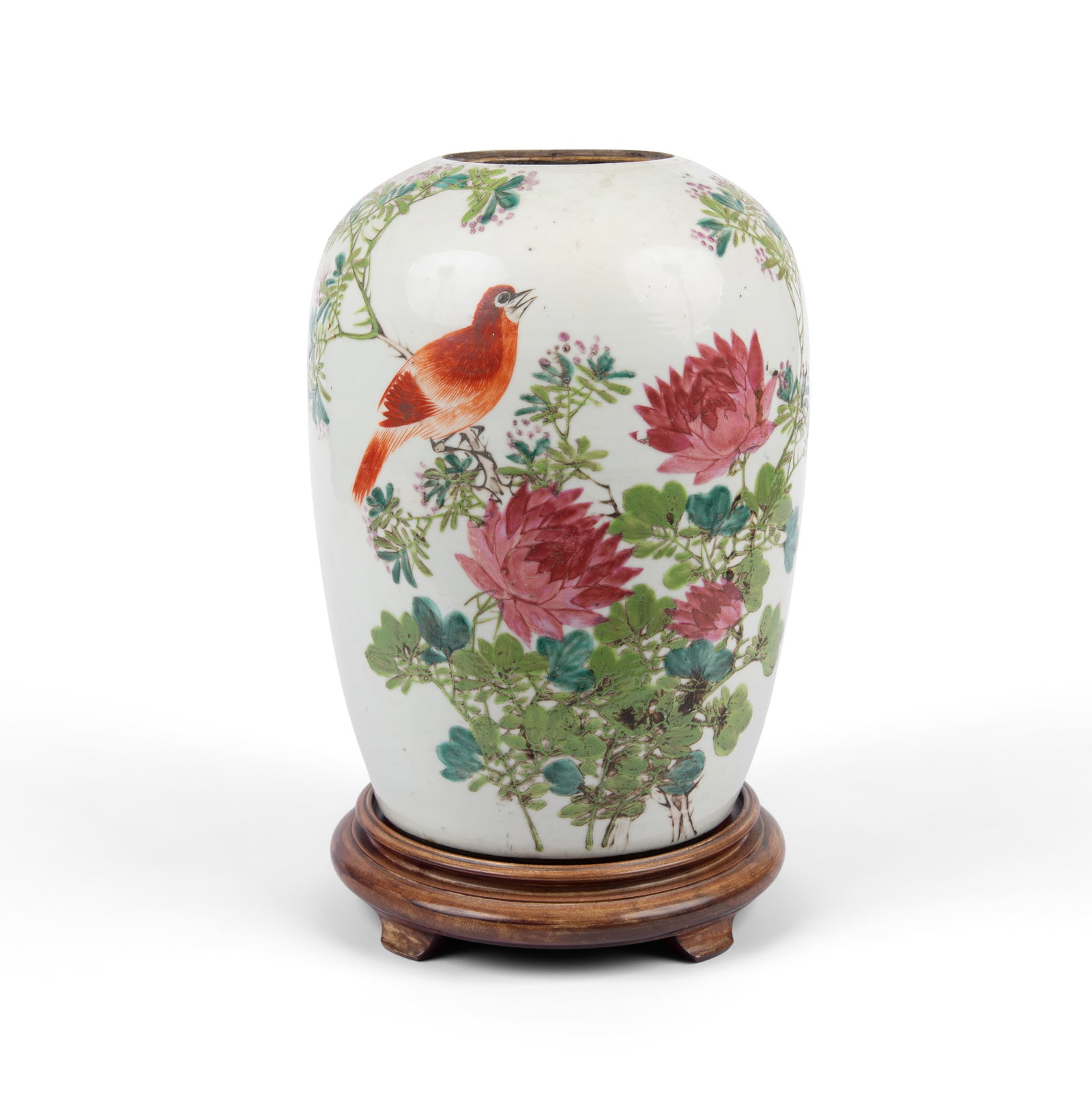 A QIANJIANGCAI GLAZED 'BIRD AND FLOWER' JAR 民国 杜源生款 ė (1 of 4)