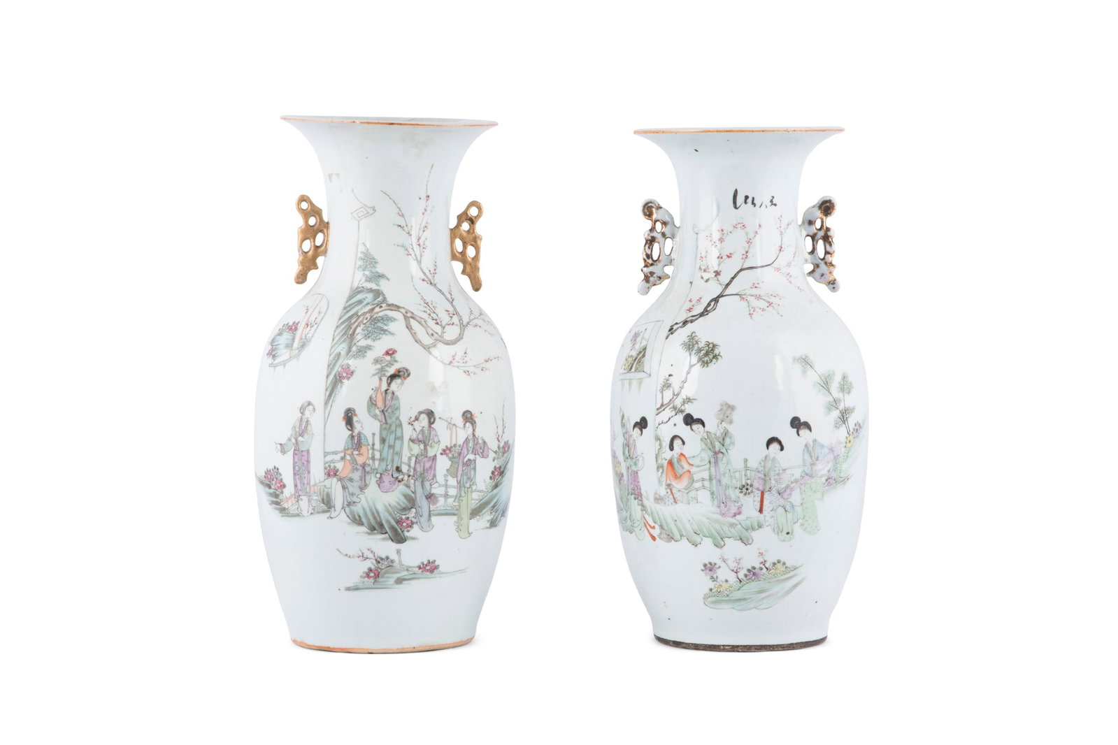 TWO QIANJIANGCAI GLAZED 'LADIES IN THE GARDEN' GUANYIN VASES China, Republic period H.42cm ***PLE (1 of 2)