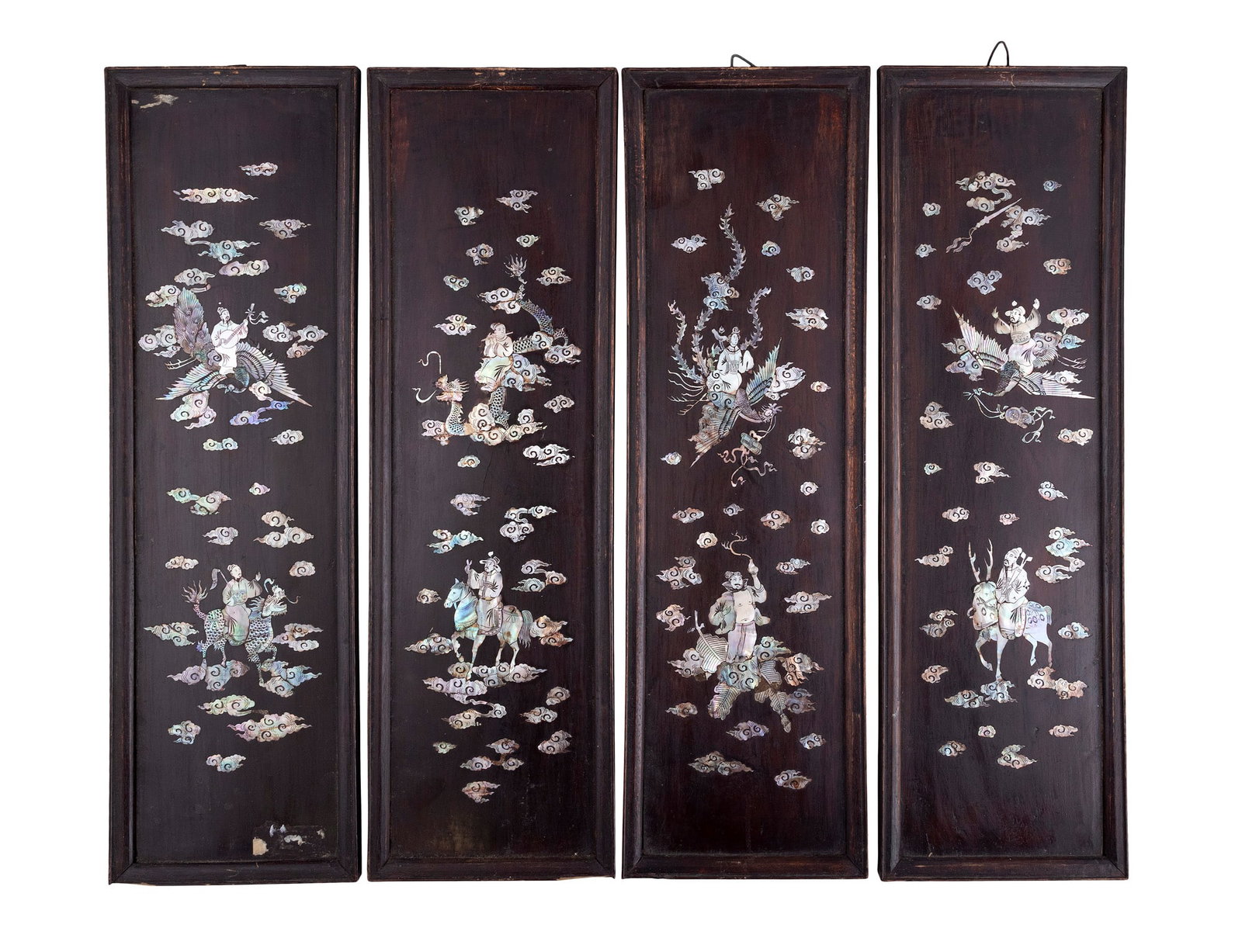 FOUR ROSEWOOD WITH MOTHER OF PEARL INLAID 'FIGURES' PANELS China, 20th century Size.58.6x16cm (1 of 3)