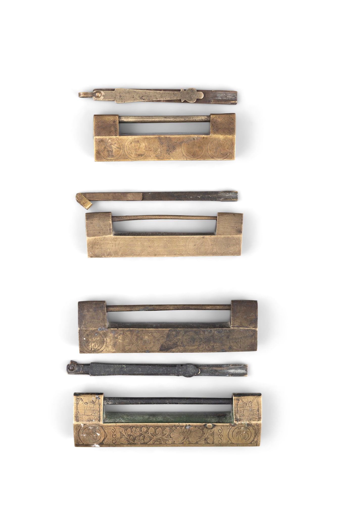 A COLLECTION OF FOUR BRASS LOCKS China, 20th century L.12-16.2cm three with keys (1 of 6)