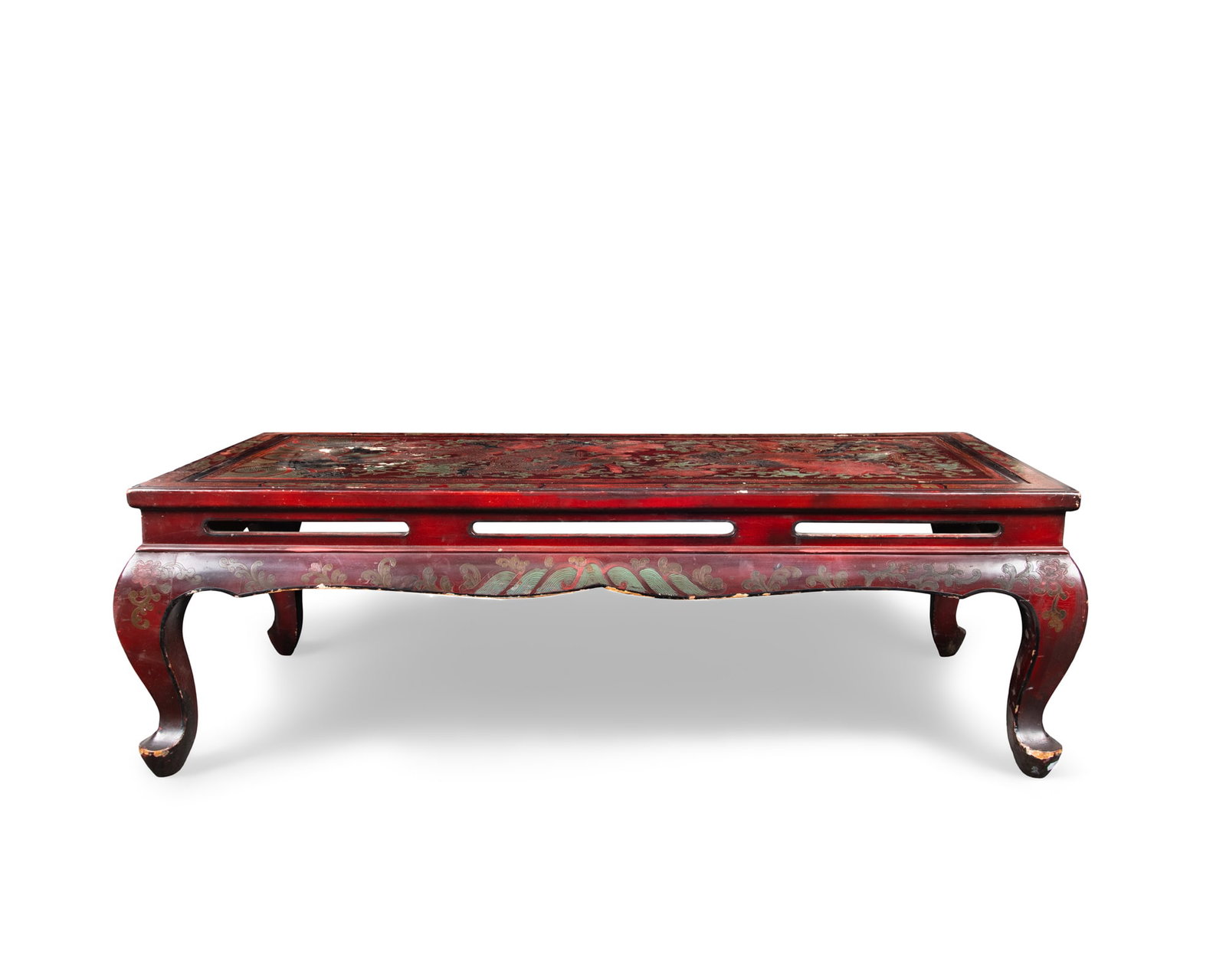 A RED LACQUERED 'DRAGON AND PHOENIX' LOW TABLE 晚清 朱漆龙凤 (1 of 3)