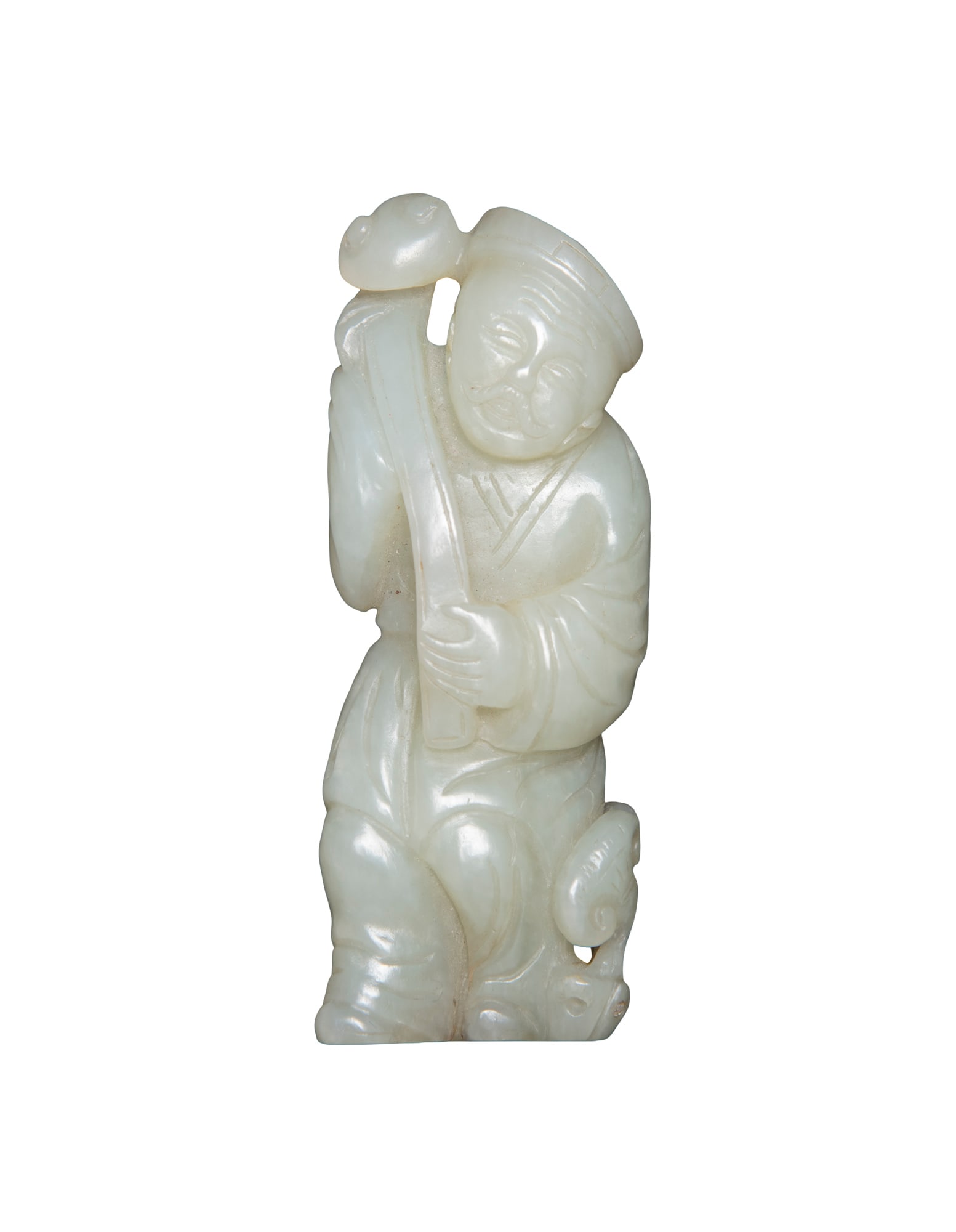 A CELADON JADE FIGURE HOLDING A RUYI 清代 青白玉胡人 (1 of 2)