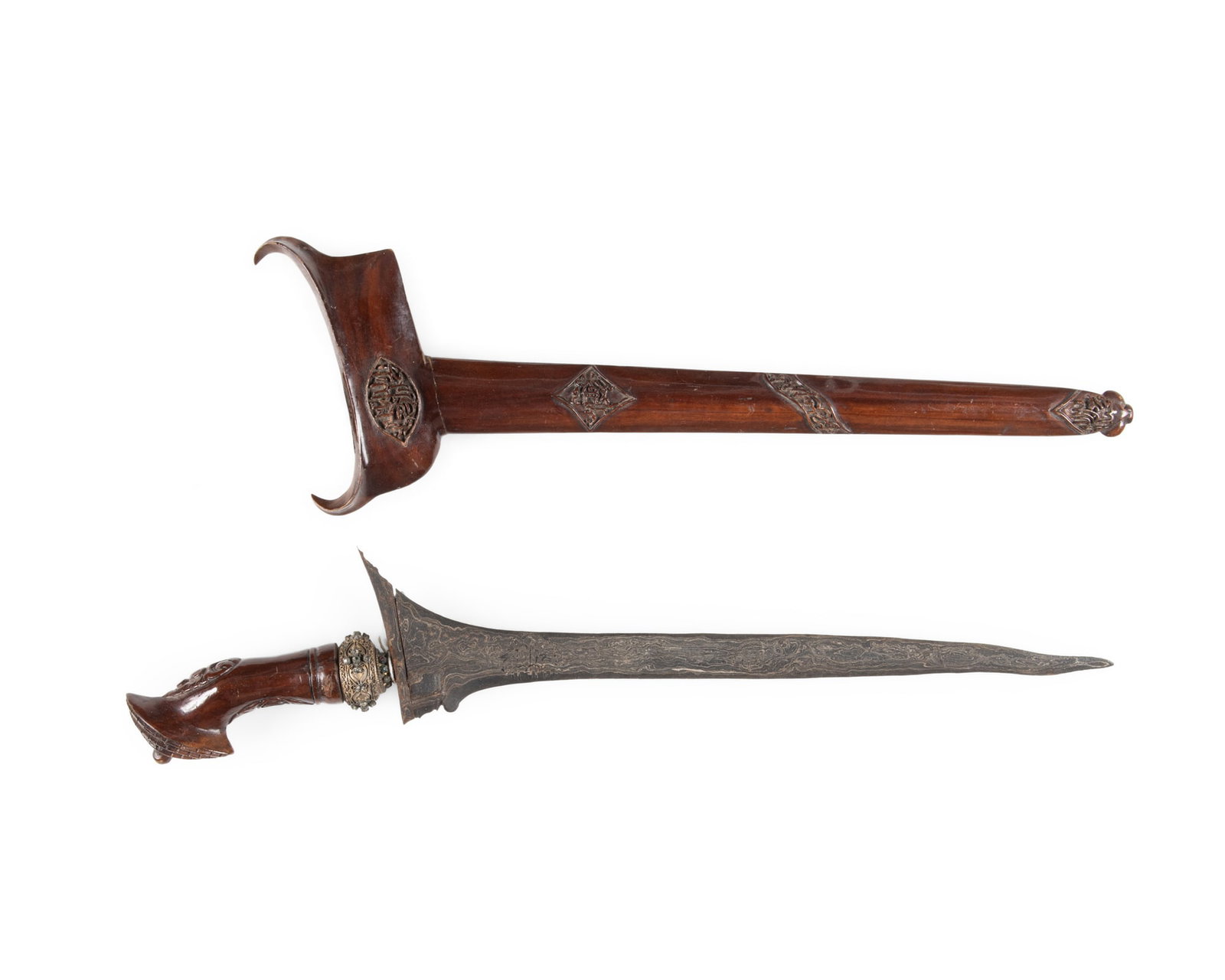 A KRIS WITH POLISHED WOODEN HILT AND SHEATH Indonesia, 20th Century This kris features a blade (1 of 7)
