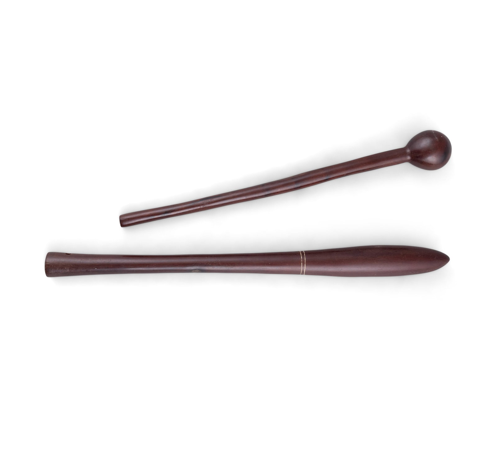 TWO CARVED SUDANESE THROWING CLUBS, Comprising a Shilluk Knobkerrie with onion shaped end, 43cm (1 of 4)