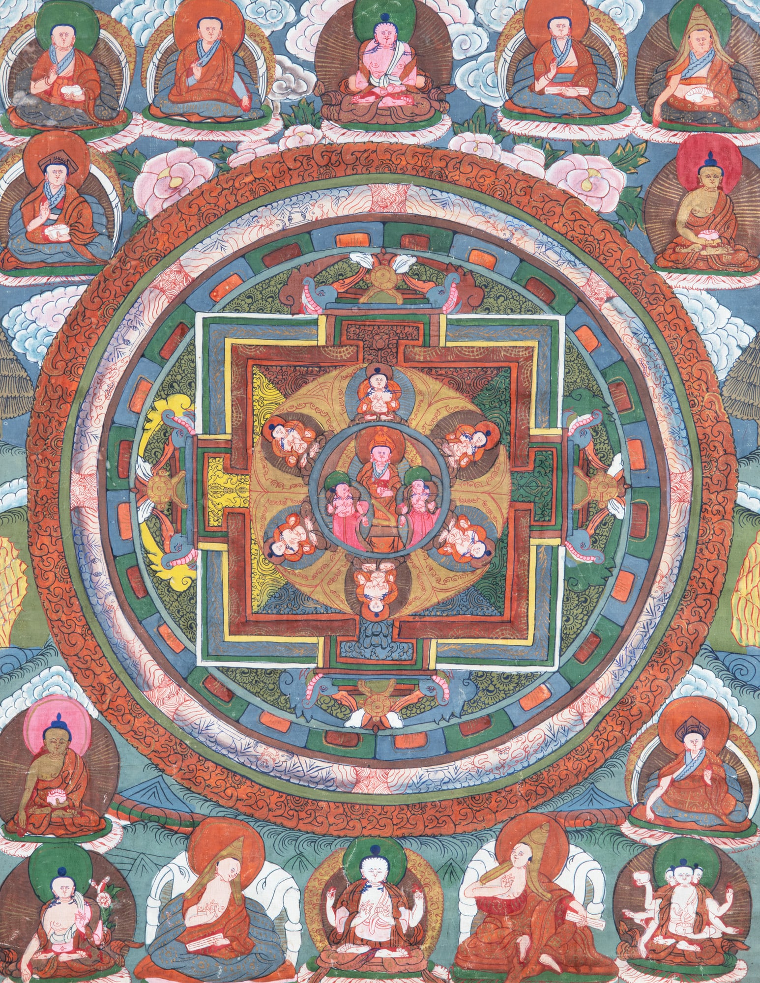 A MANDALA THANGKA Distemper and gold on clot Tibet, 20th century Framed Size. 50.5x38cm ***P: A MANDALA THANGKA Distemper and gold on clot Tibet, 20th century Framed Size. 50.5x38cm ***PLEASE NOTE: THIS LOT IS NOT ON VIEW IN IRELAND. POST-SALE COLLECTION IS TO BE ARRANGED BY THE BUYER FROM OUR
