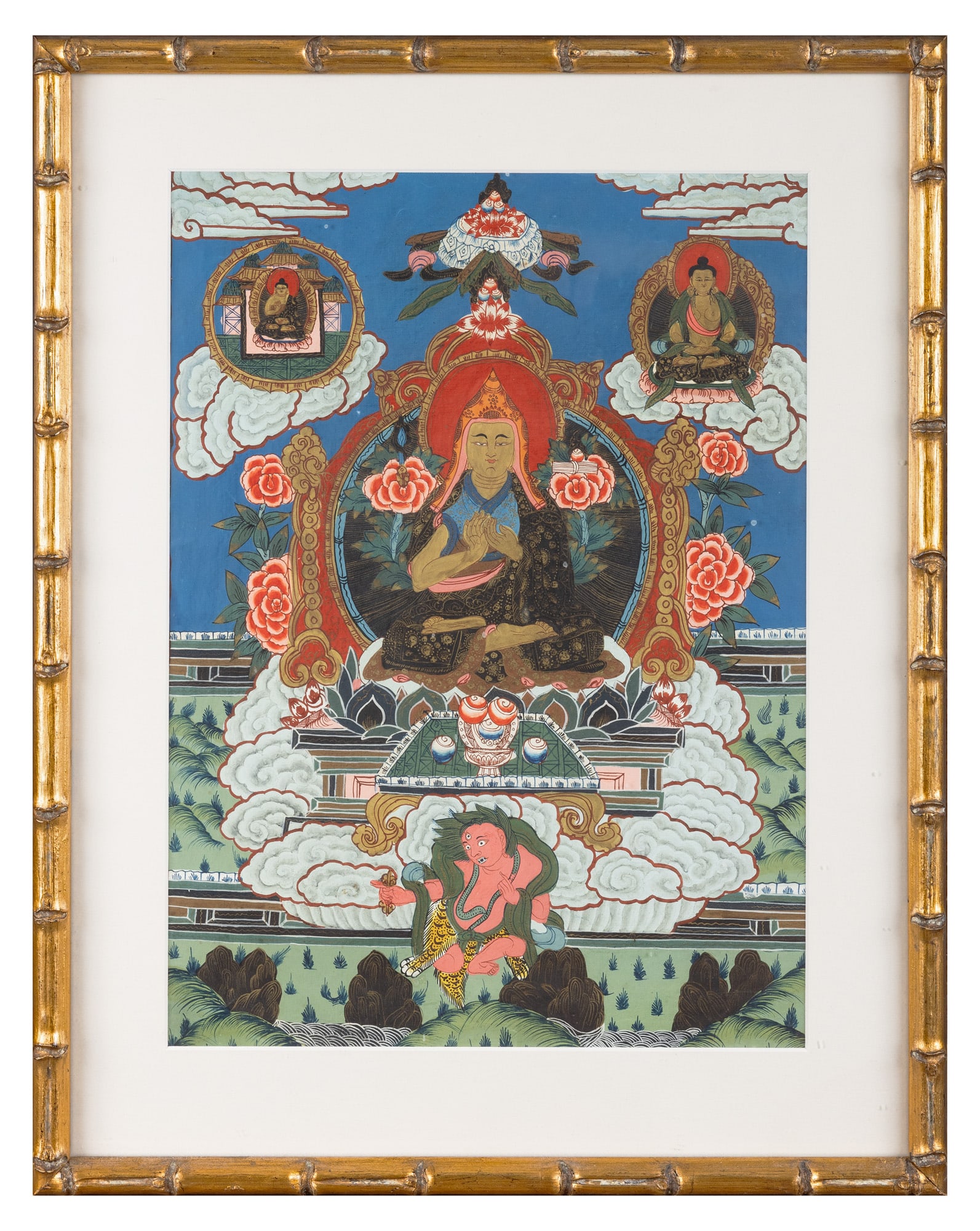A THANGKA OF TSONGKHAPA Nepal, 20th century with a gilt bamboo shaped frame Size.43x31.5cm (1 of 3)