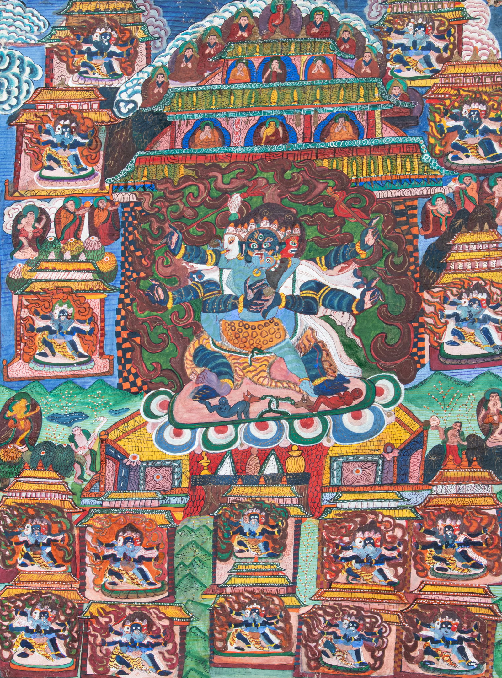 A POLYCHROME THANGKA, ON CLOTH DEPICTING Nepal-Tibet, 20th Century depicting vajrakilaya in (1 of 3)