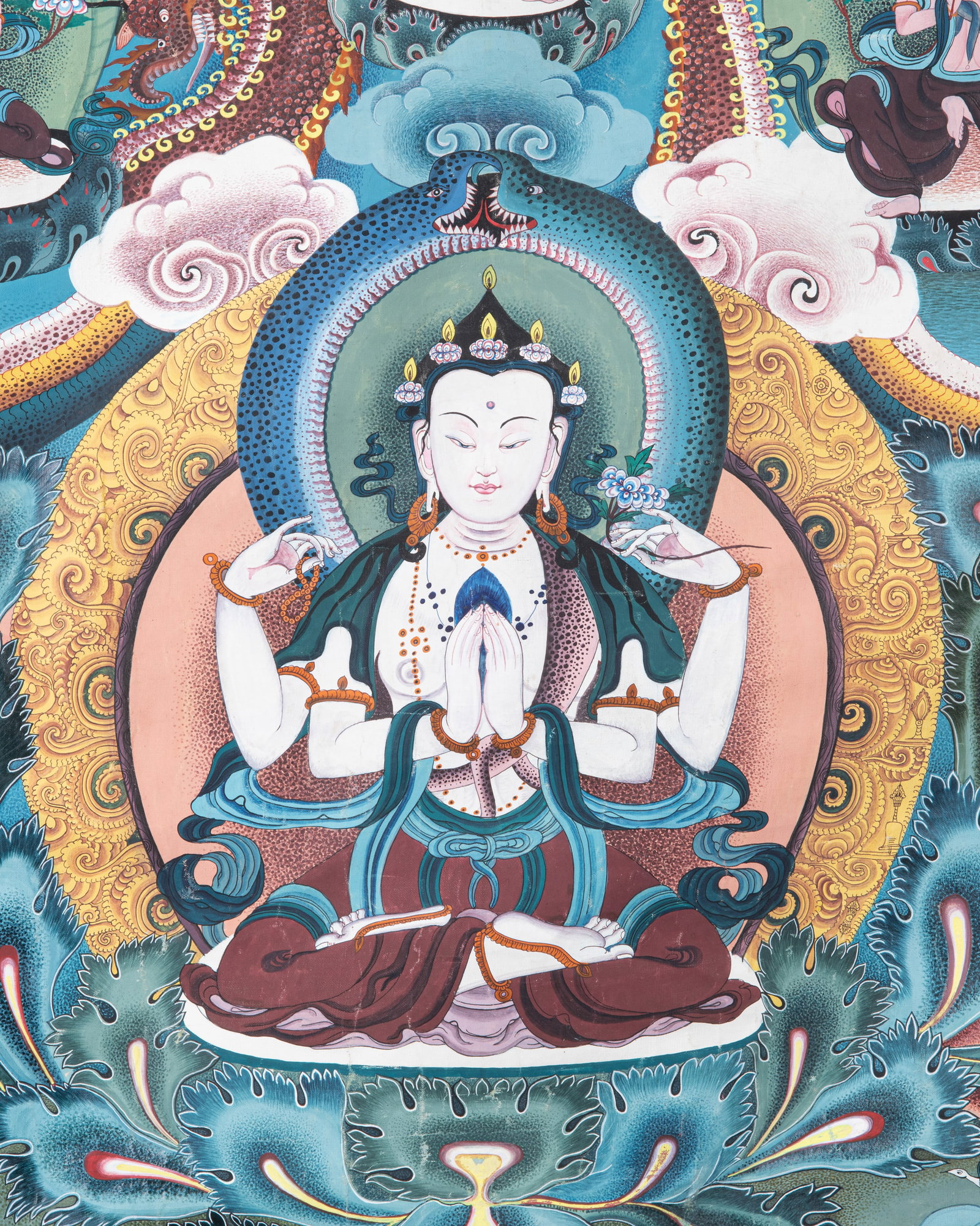 A LARGE POLYCHROME THANGKA ON CLOTH DEPICTING SADAKSARI-AVALOKITESHVARA, Nepal, 20th Century With (1 of 1)