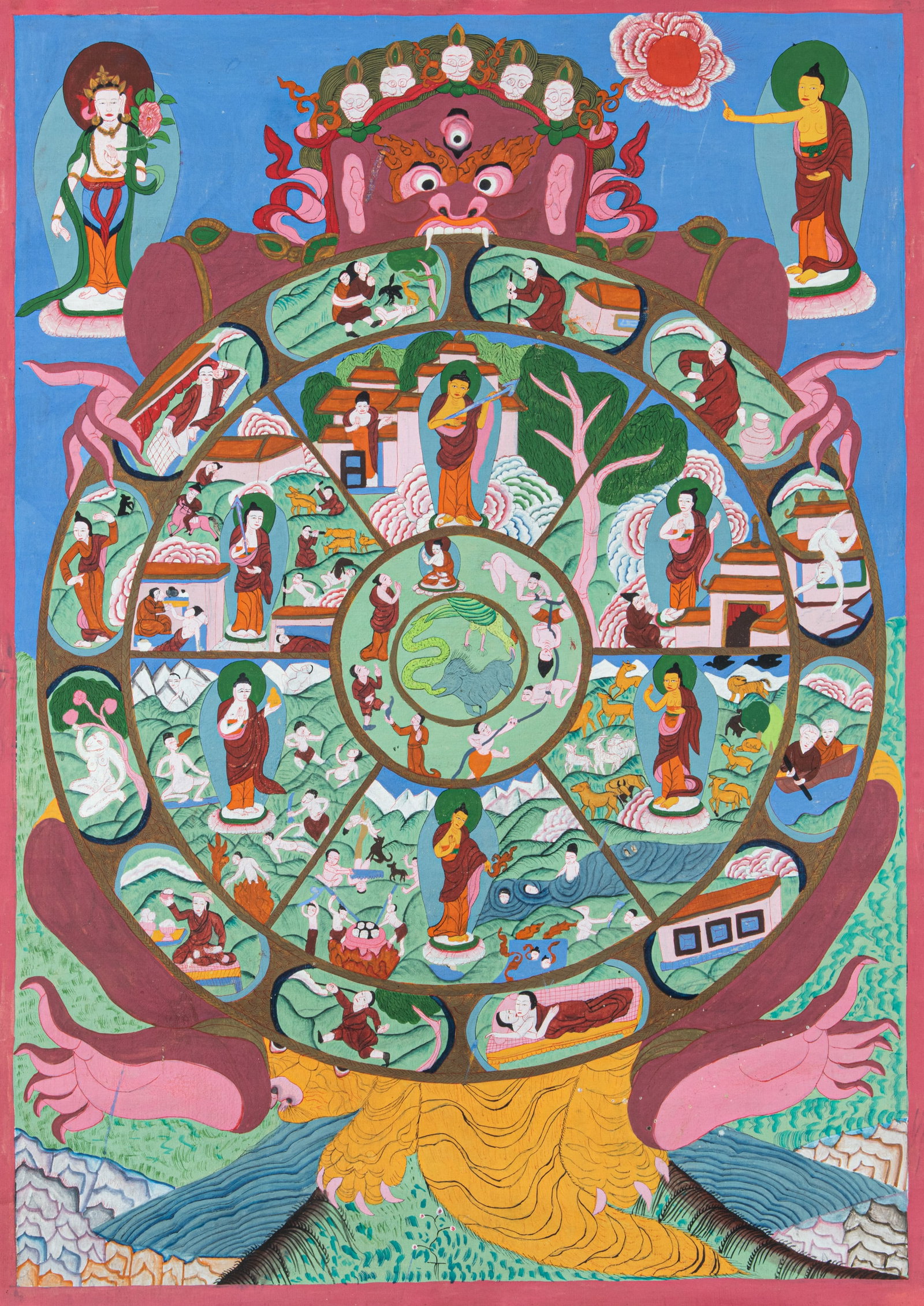 A POLYCHROME THANGKA ON CLOTH DEPICTING THE WHEEL OF LIFE (BHAVACHAKRA) Nepal-Tibet, late 20th (1 of 2)