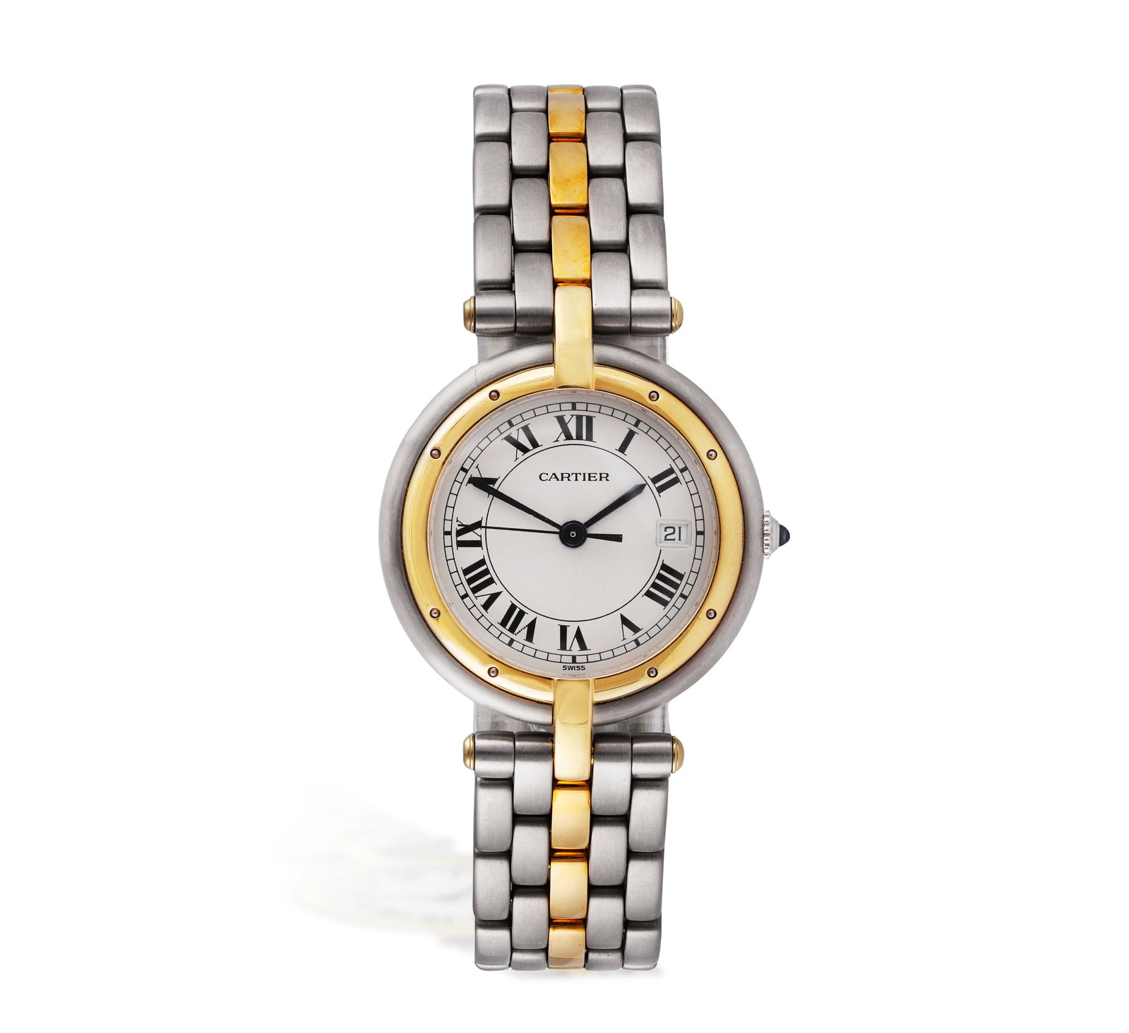 CARTIER: A LADY'S 18K GOLD AND STAINLESS STEEL 'PANTHÈRE VENDÔME' BRACELET WATCH, CIRCA: CARTIER: A LADY'S 18K GOLD AND STAINLESS STEEL 'PANTHÈRE VENDÔME' BRACELET WATCH, CIRCA 1990 9-jewels Cal-88 quartz movement, cream dial with Roman numerals with black outer minute tracker, 
