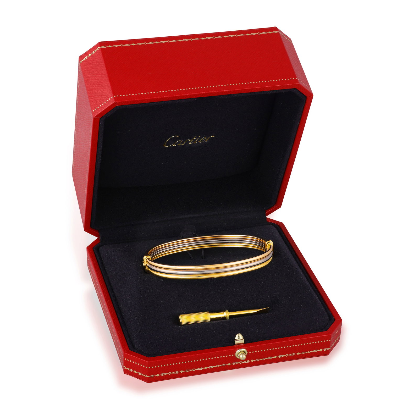 CARTIER: A TRI-COLOURED GOLD BRACELET, CIRCA 2000-2010 Of reeded tri-coloured gold design, with (1 of 5)