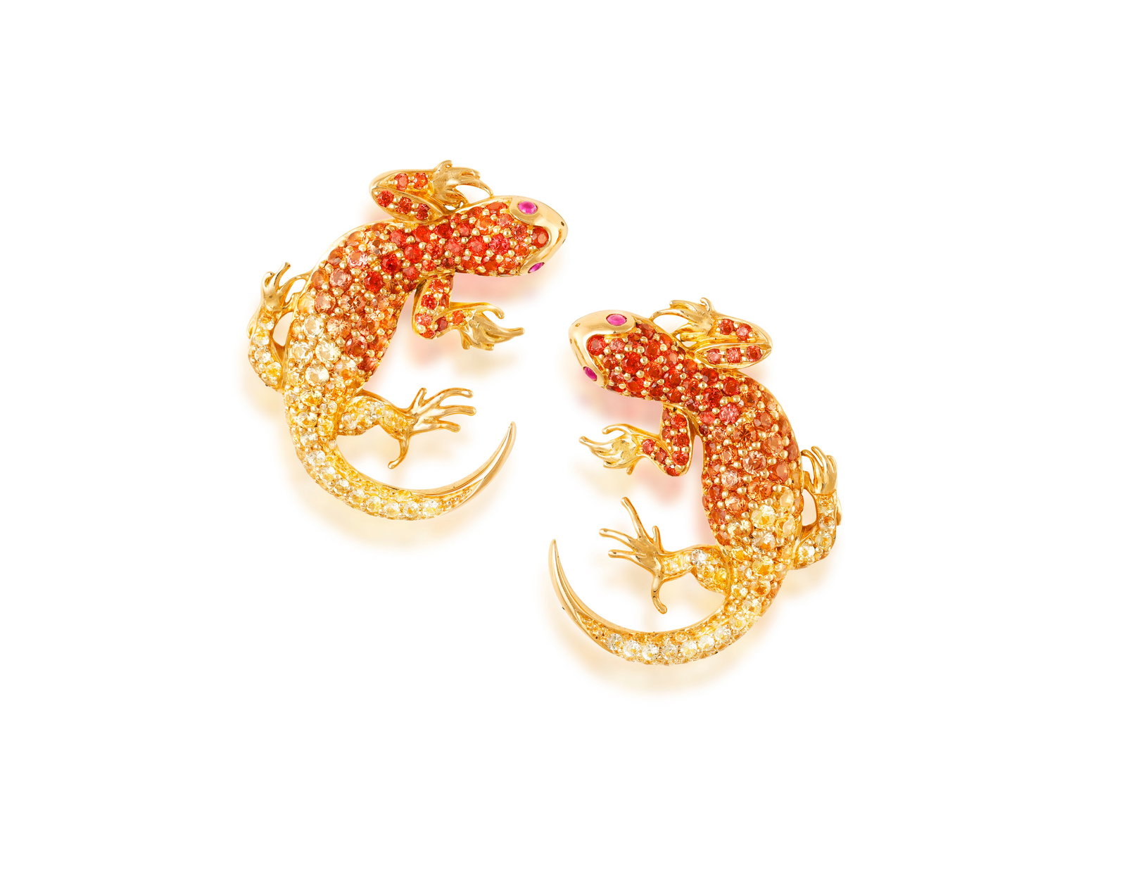 THEO FENNELL: A PAIR OF SAPPHIRE AND RUBY ‘SALAMANDER’ EARRINGS, 2022 Each designed as: THEO FENNELL: A PAIR OF SAPPHIRE AND RUBY ‘SALAMANDER’ EARRINGS, 2022 Each designed as a stylised salamander, pavé-set throughout with circular-cut sapphires of yellow and orange tint