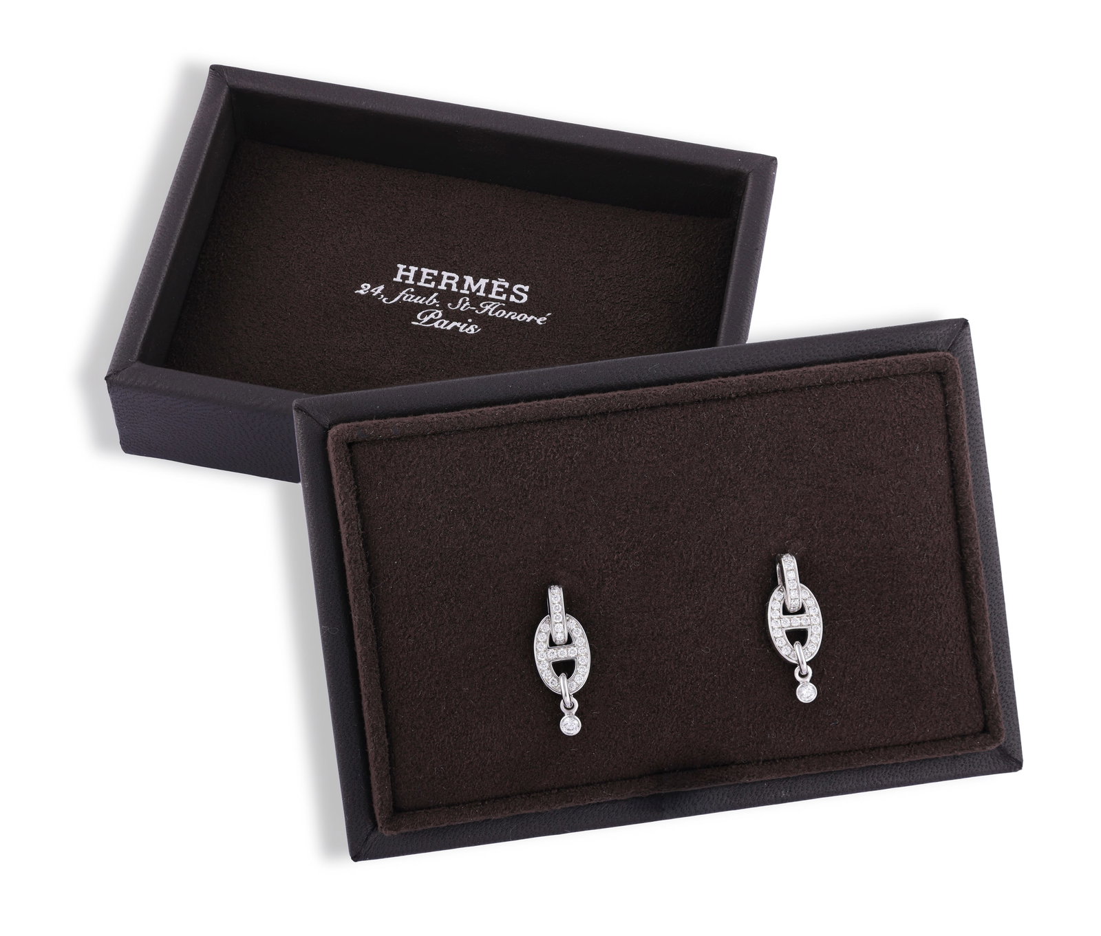 HERMÈS: A PAIR OF DIAMOND 'FARANDOLE' EARRINGS, 2026 Of anchor-link design, pavé-set with: HERMÈS: A PAIR OF DIAMOND 'FARANDOLE' EARRINGS, 2026 Of anchor-link design, pavé-set with brilliant-cut diamonds throughout, to a similarly-cut diamond surmount, mounted in 18K gold, signed Hermès,
