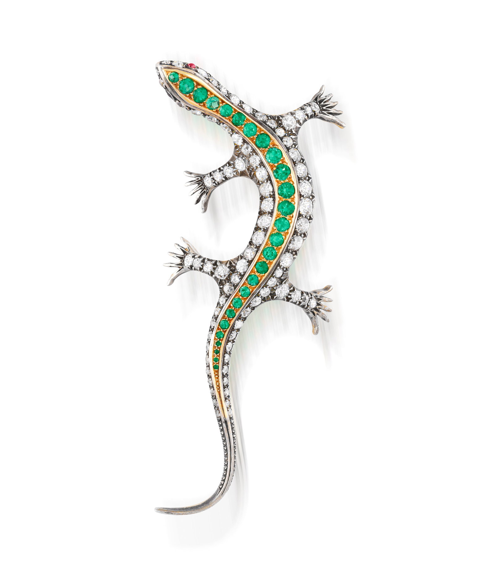A LATE 19TH CENTURY EMERALD AND DIAMOND BROOCH Designed as a salamander, the body decorated with a (1 of 9)