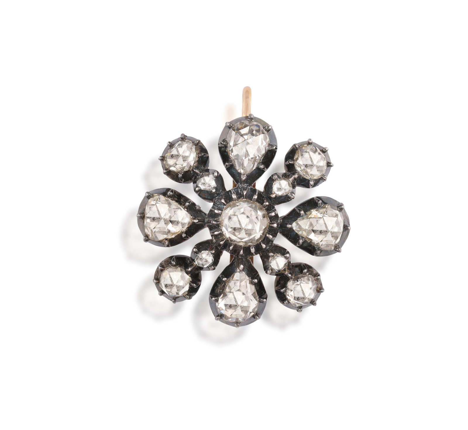 A GEORGIAN DIAMOND PENDANT, CIRCA 1830 Of flowerhead design, set with pear and circular rose-cut (1 of 2)