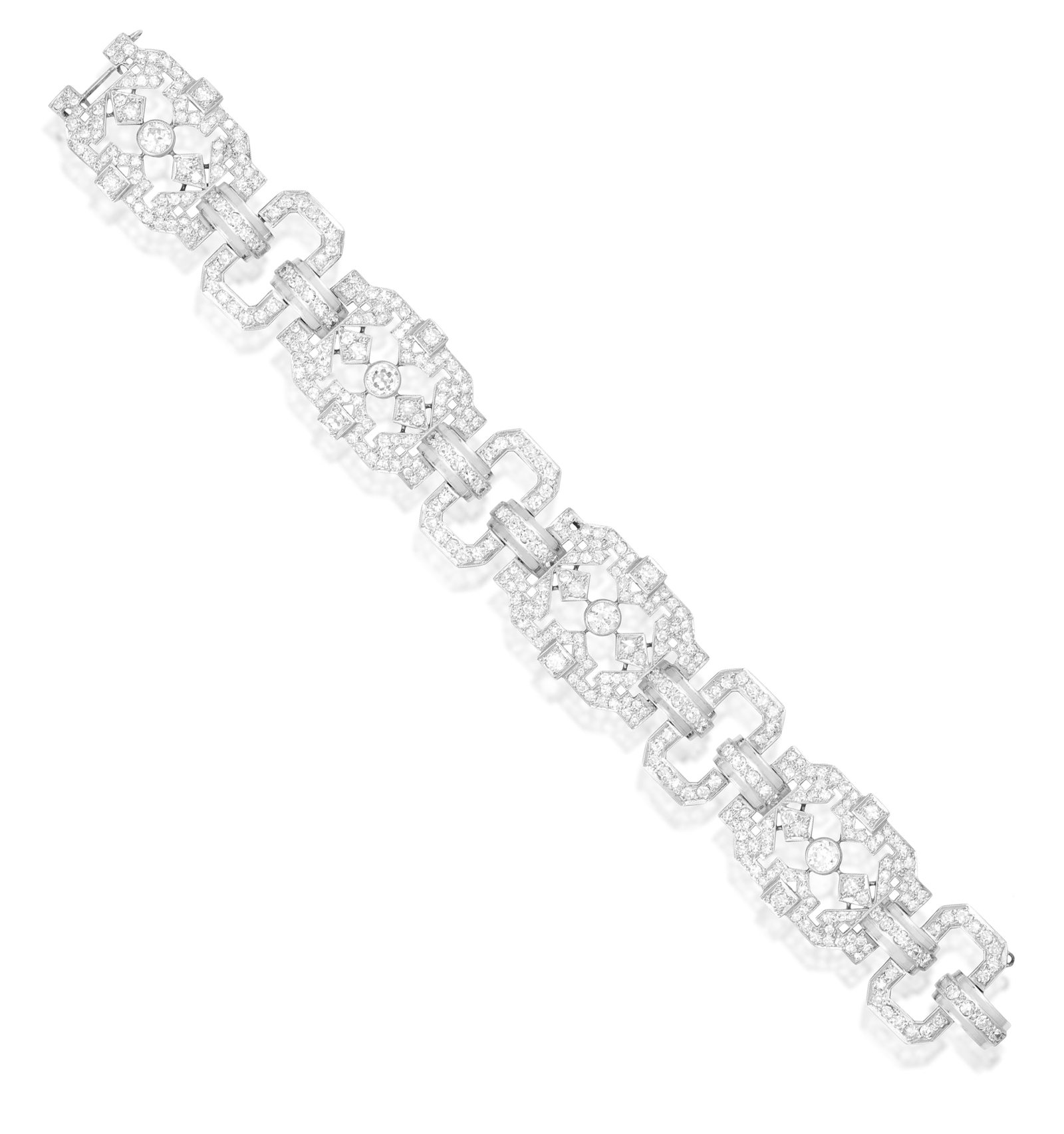 AN ART DECO DIAMOND BRACELET, CIRCA 1930 Composed of openwork geometric panels, pierced and set: AN ART DECO DIAMOND BRACELET, CIRCA 1930 Composed of openwork geometric panels, pierced and set throughout with old European and single-cut diamonds, connected by bombé bar-links, with millegrain det