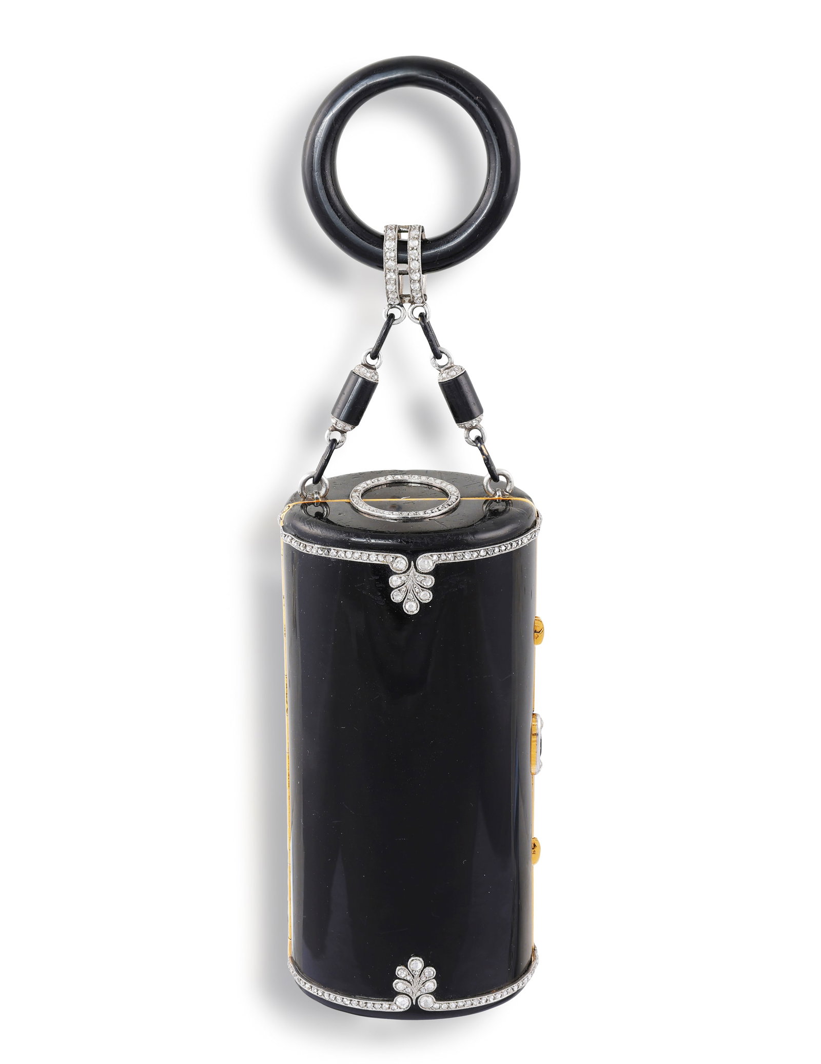 CARTIER: A RARE ART DECO ENAMEL, DIAMOND, ONYX AND GOLD VANITY CASE, CIRCA 1920 Of cylindrical: CARTIER: A RARE ART DECO ENAMEL, DIAMOND, ONYX AND GOLD VANITY CASE, CIRCA 1920 Of cylindrical form, the black enamel case decorated to both sides with two lines of millegrain-set rose-cut diamonds, e