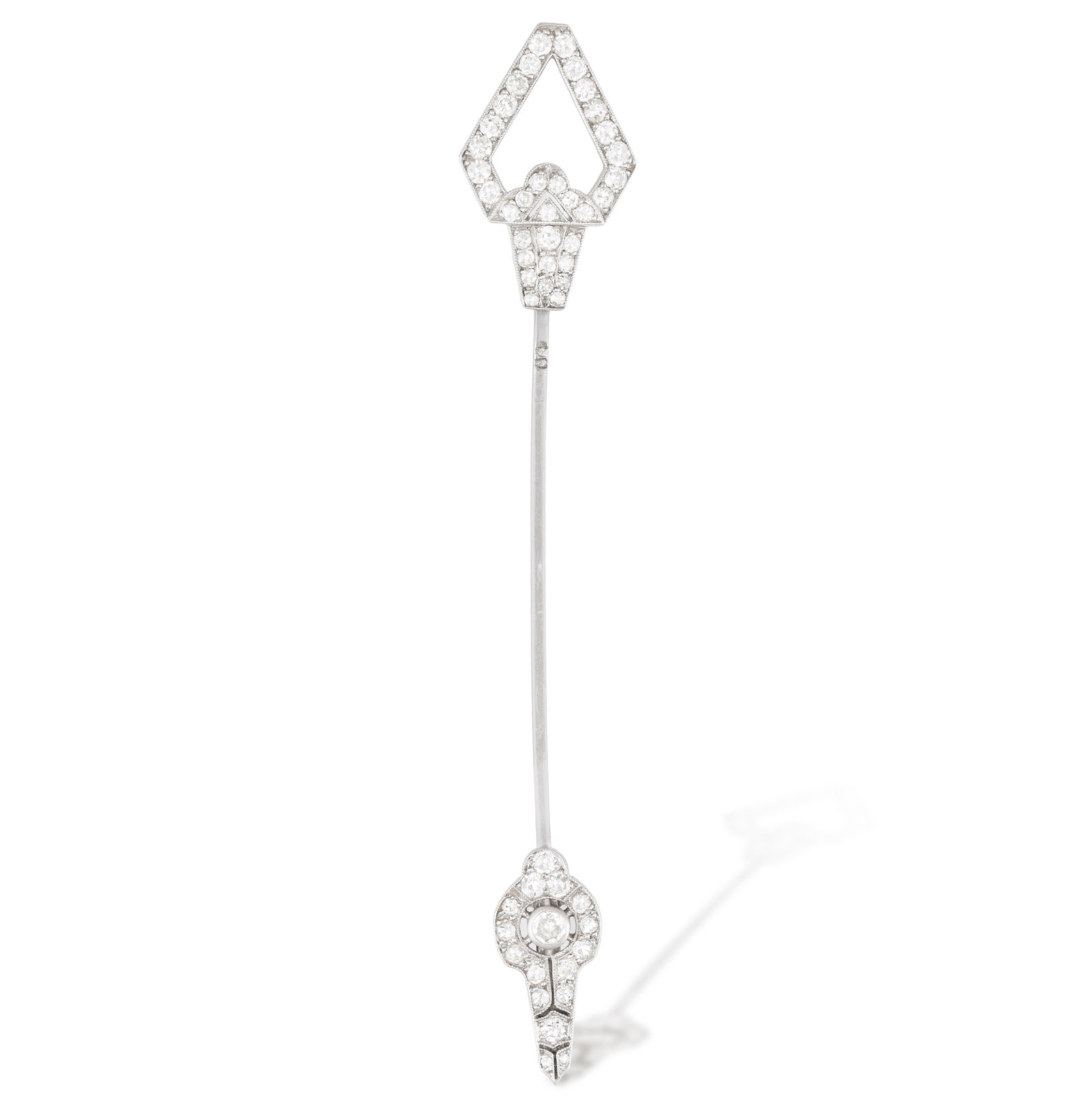 AN ART DECO DIAMOND JABOT PIN, FRENCH, CIRCA 1920 Each terminal of openwork pierced design, set: AN ART DECO DIAMOND JABOT PIN, FRENCH, CIRCA 1920 Each terminal of openwork pierced design, set with old and single-cut diamonds, millegrain-set throughout, mounted in platinum and 18K gold, French as