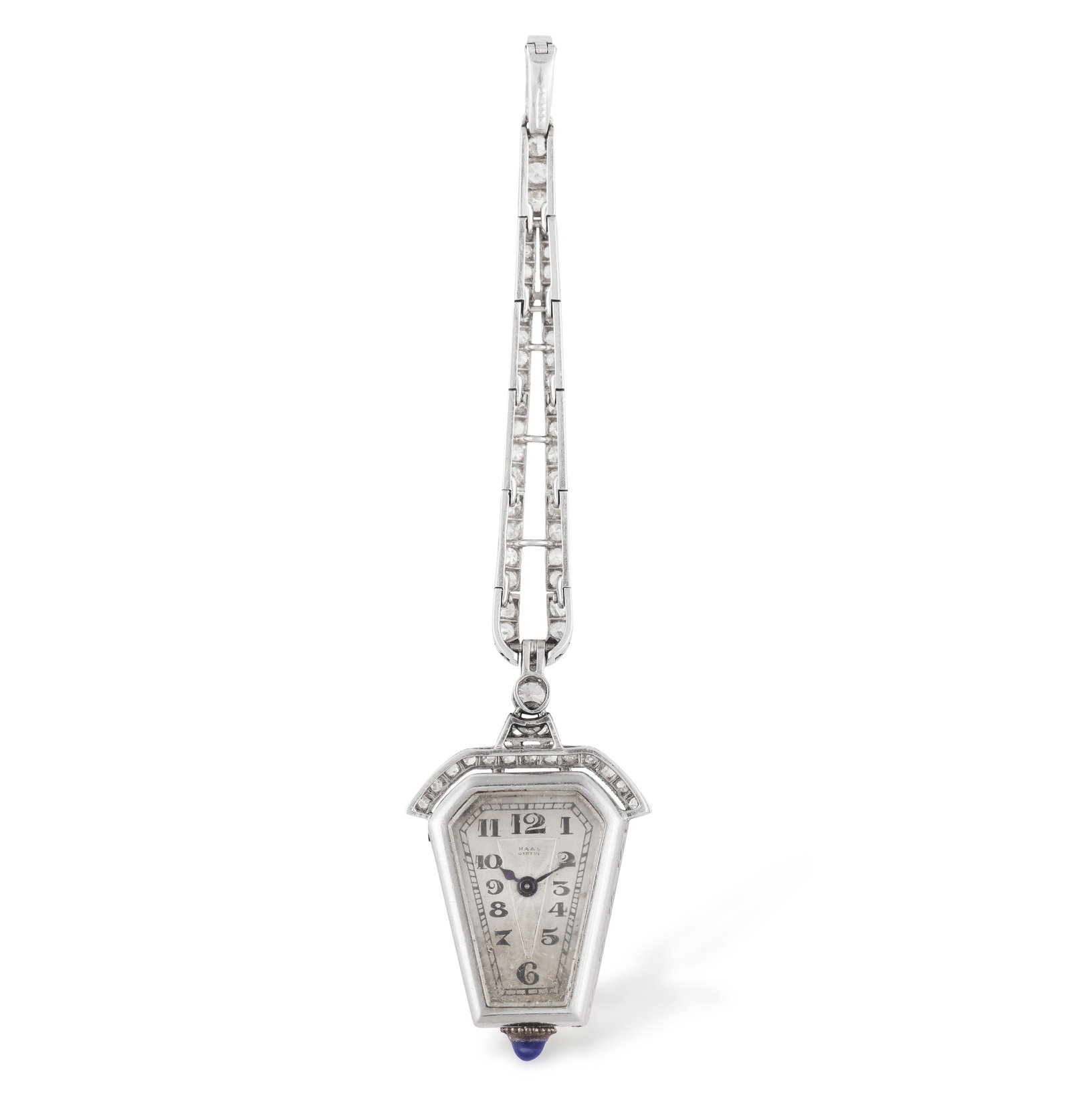 HAAS NEVEUX & CO.: AN ART DECO DIAMOND LAPEL WATCH, CIRCA 1920 The shield-shaped case pavé-set (1 of 5)