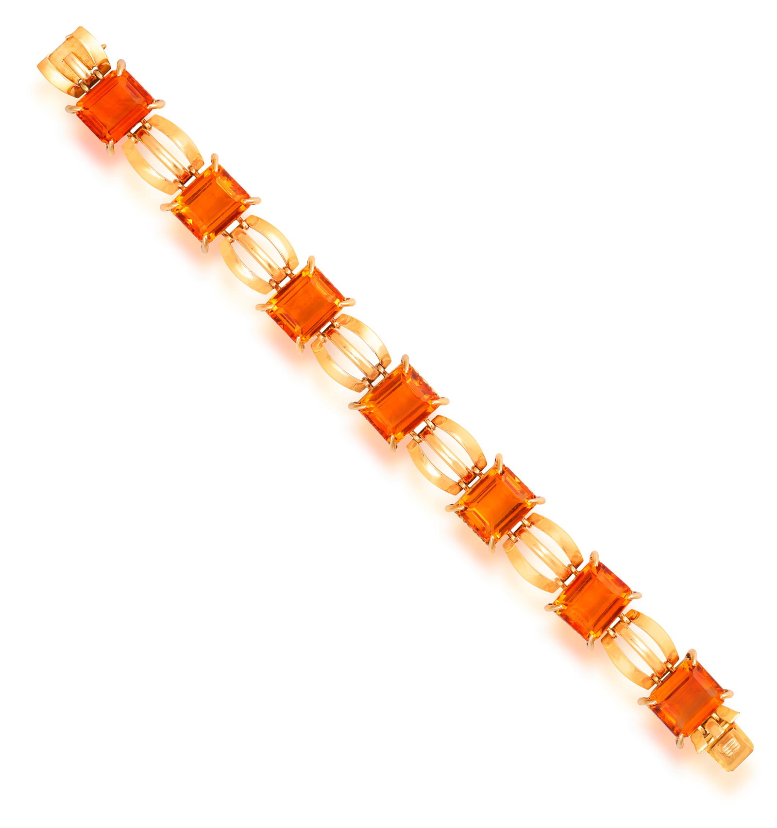 CHARLES DE TEMPLE: A CITRINE GOLD BRACELET The articulated bracelet set with rectangular-shaped: CHARLES DE TEMPLE: A CITRINE GOLD BRACELET The articulated bracelet set with rectangular-shaped citrines within claw-setting, connected with openwork concave spacers, mounted in 18K gold, signed ̵