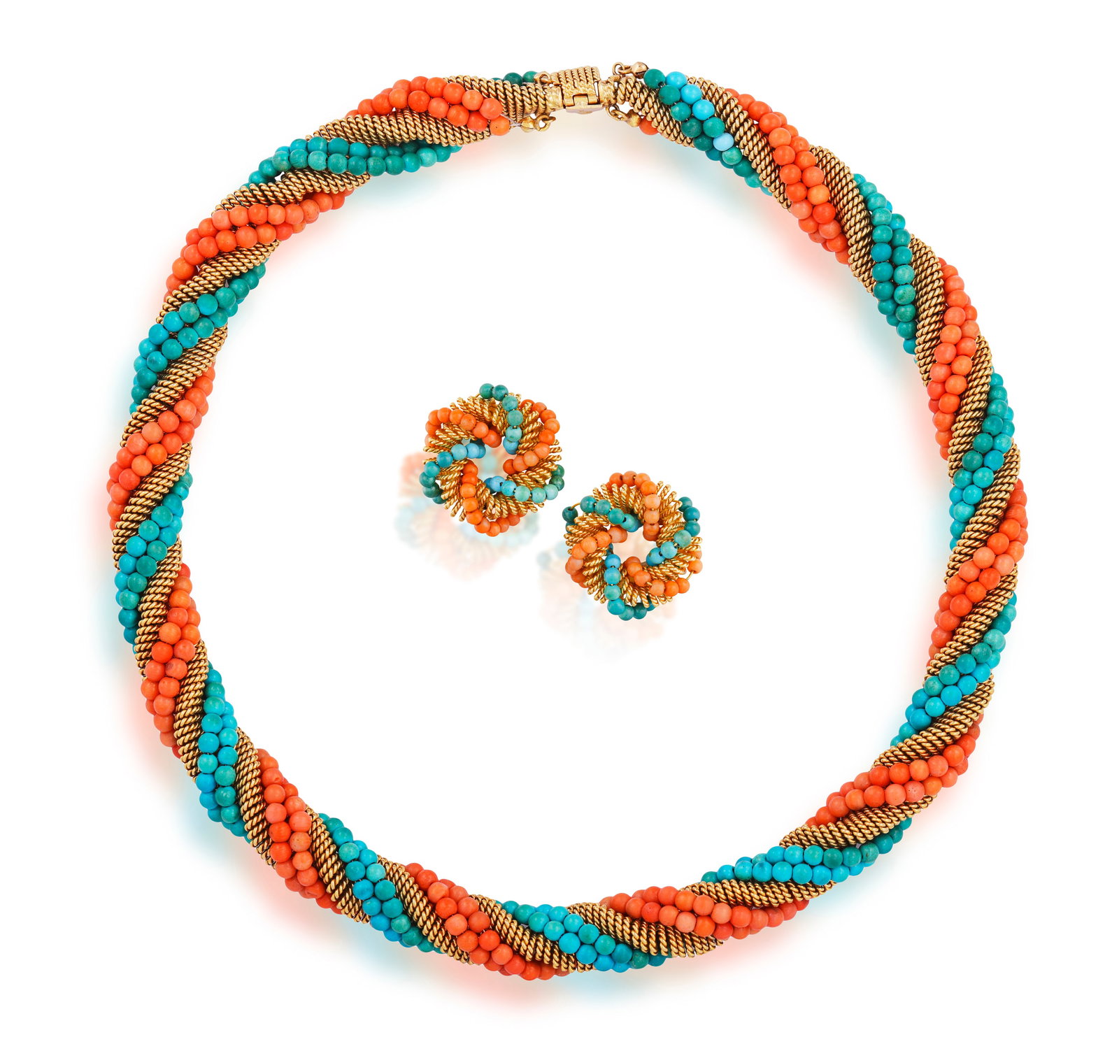 A TURQUOISE AND CORAL NECKLACE WITH EARCLIPS EN SUITE, ITALIAN, CIRCA 1960 Of torsade design, set (1 of 4)